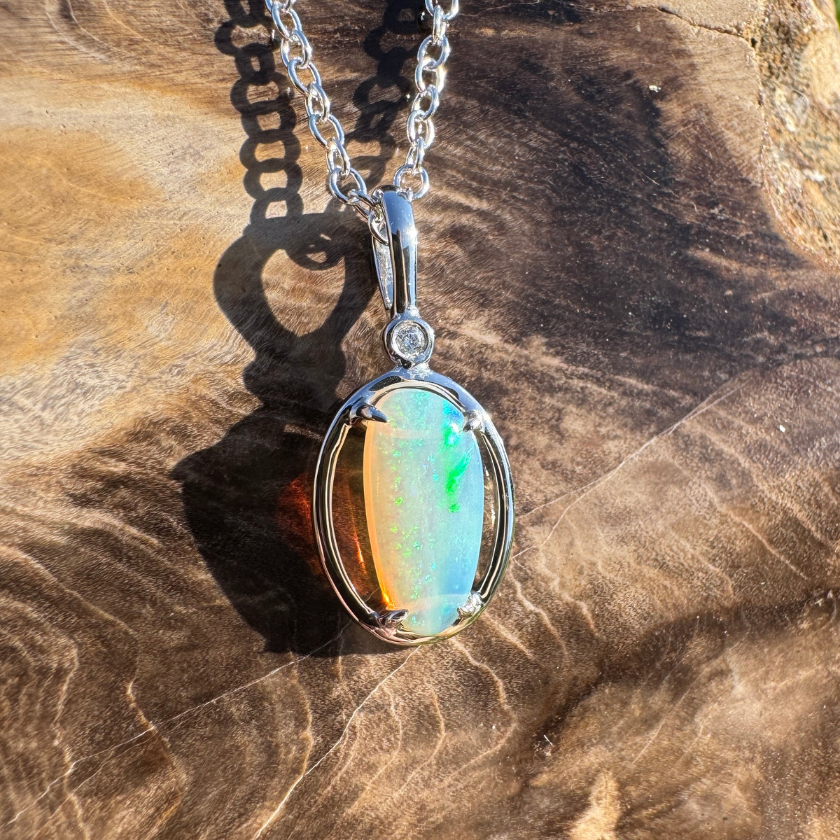 1.05ct Coober Pedy Crystal Opal & 0.01ct Diamond Pendant Necklace ~ 'Blue Pool Shimmer' | 14ct White Gold | Solid Australian Opal