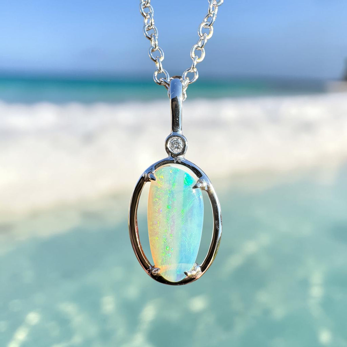 1.05ct Coober Pedy Crystal Opal & 0.01ct Diamond Pendant Necklace ~ 'Blue Pool Shimmer' | 14ct White Gold | Solid Australian Opal