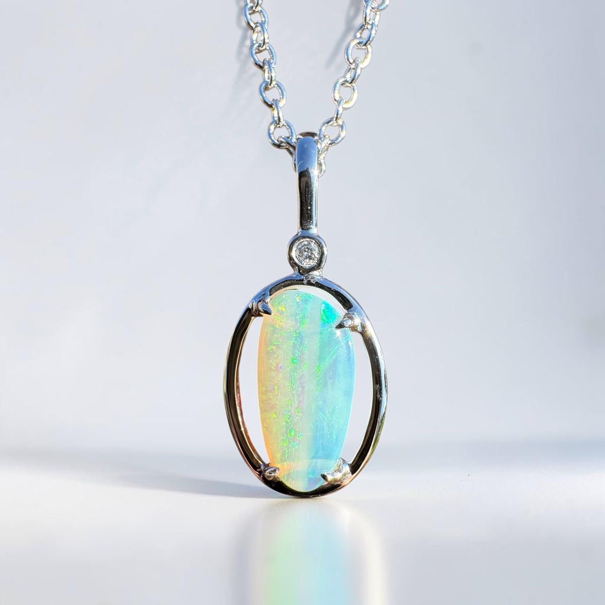 1.05ct Coober Pedy Crystal Opal & 0.01ct Diamond Pendant Necklace ~ 'Blue Pool Shimmer' | 14ct White Gold | Solid Australian Opal