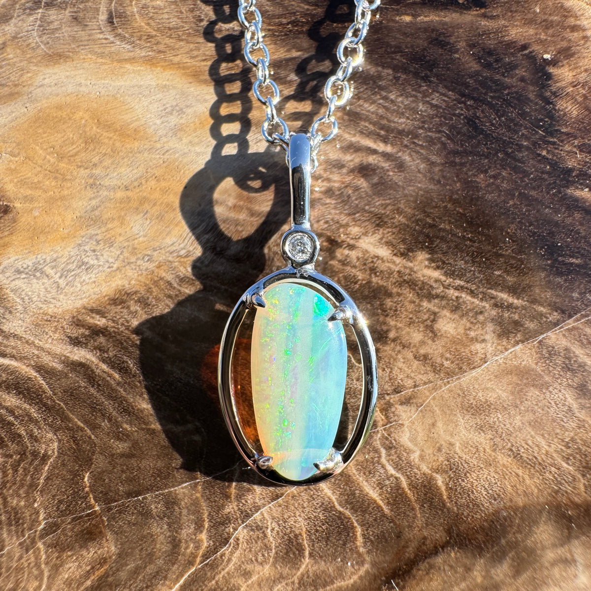 1.05ct Coober Pedy Crystal Opal & 0.01ct Diamond Pendant Necklace ~ 'Blue Pool Shimmer' | 14ct White Gold | Solid Australian Opal