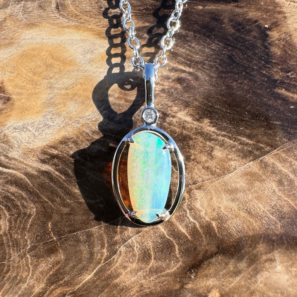 1.05ct Coober Pedy Crystal Opal & 0.01ct Diamond Pendant Necklace ~ 'Blue Pool Shimmer' | 14ct White Gold | Solid Australian Opal