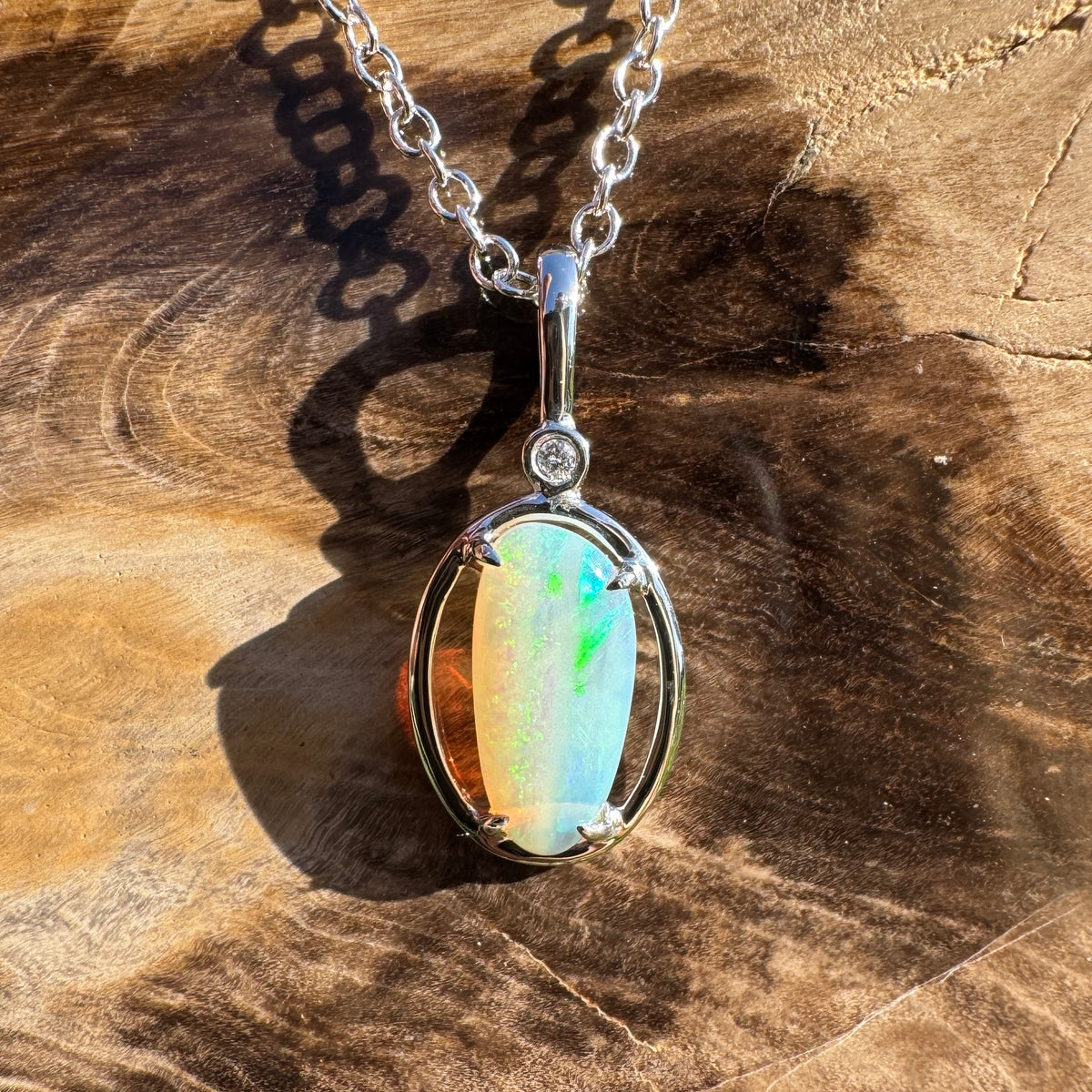 1.05ct Coober Pedy Crystal Opal & 0.01ct Diamond Pendant Necklace ~ 'Blue Pool Shimmer' | 14ct White Gold | Solid Australian Opal
