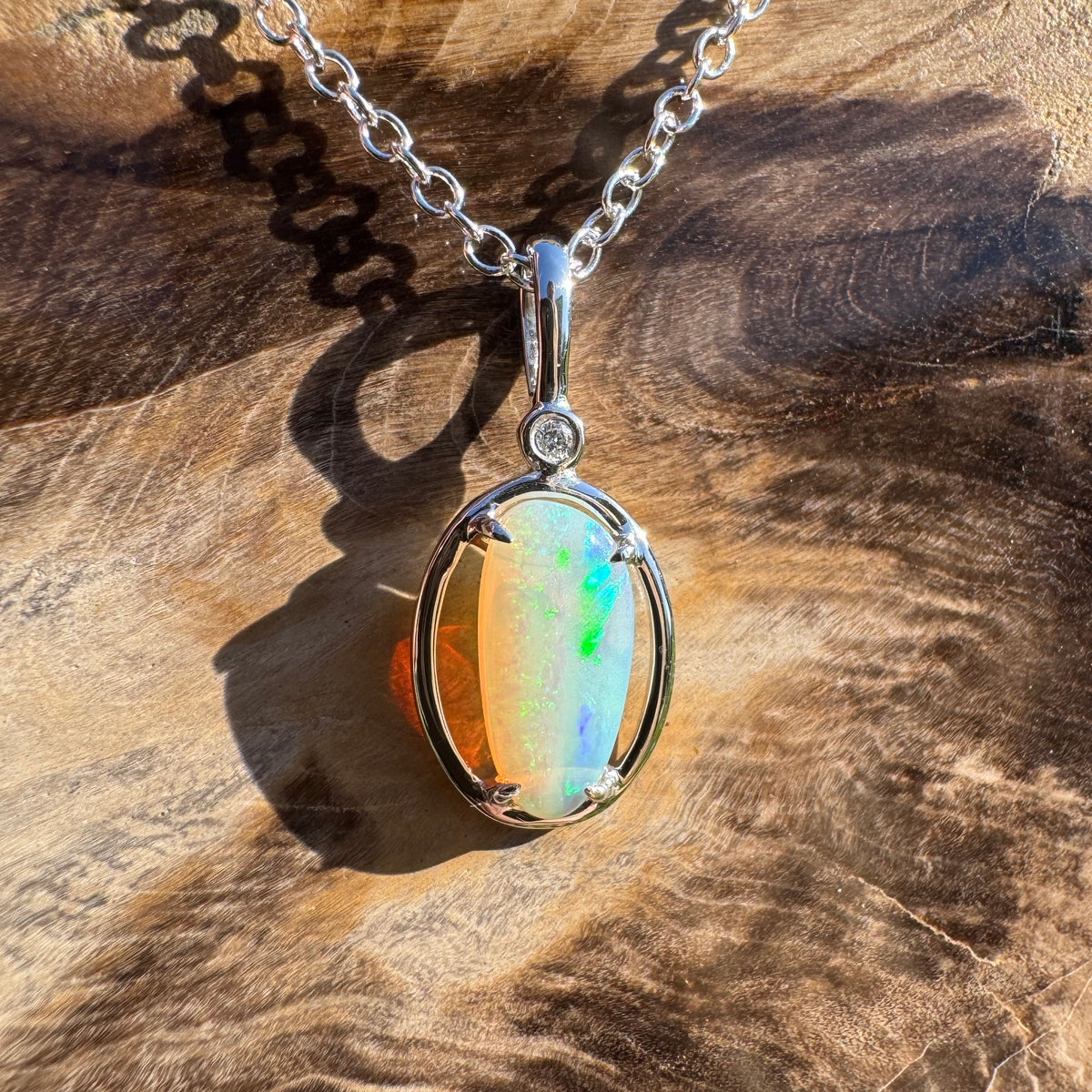 1.05ct Coober Pedy Crystal Opal & 0.01ct Diamond Pendant Necklace ~ 'Blue Pool Shimmer' | 14ct White Gold | Solid Australian Opal