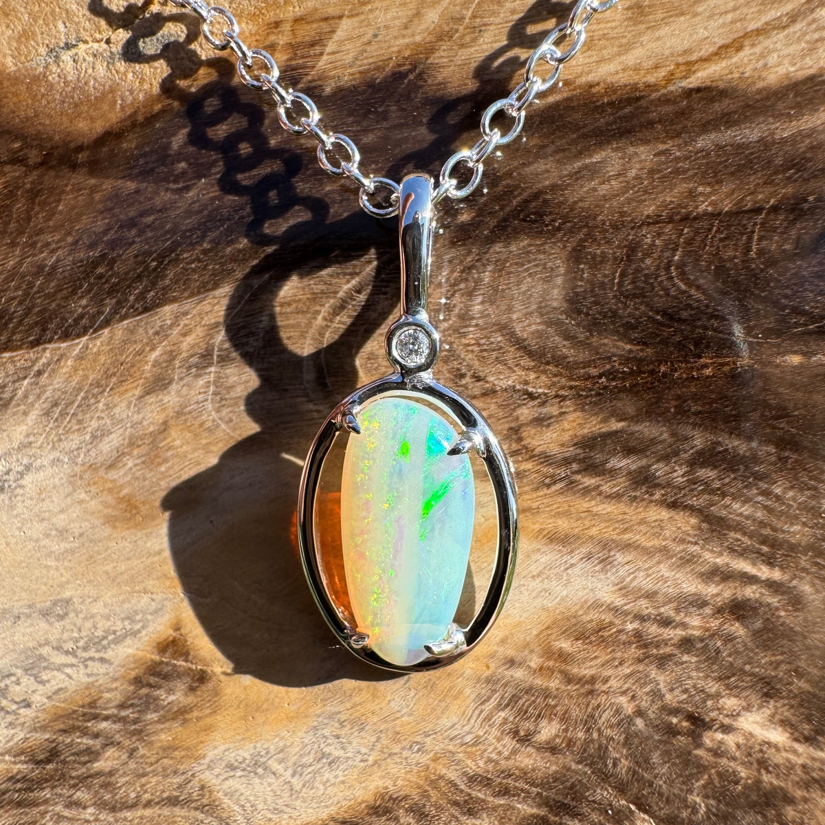 1.05ct Coober Pedy Crystal Opal & 0.01ct Diamond Pendant Necklace ~ 'Blue Pool Shimmer' | 14ct White Gold | Solid Australian Opal
