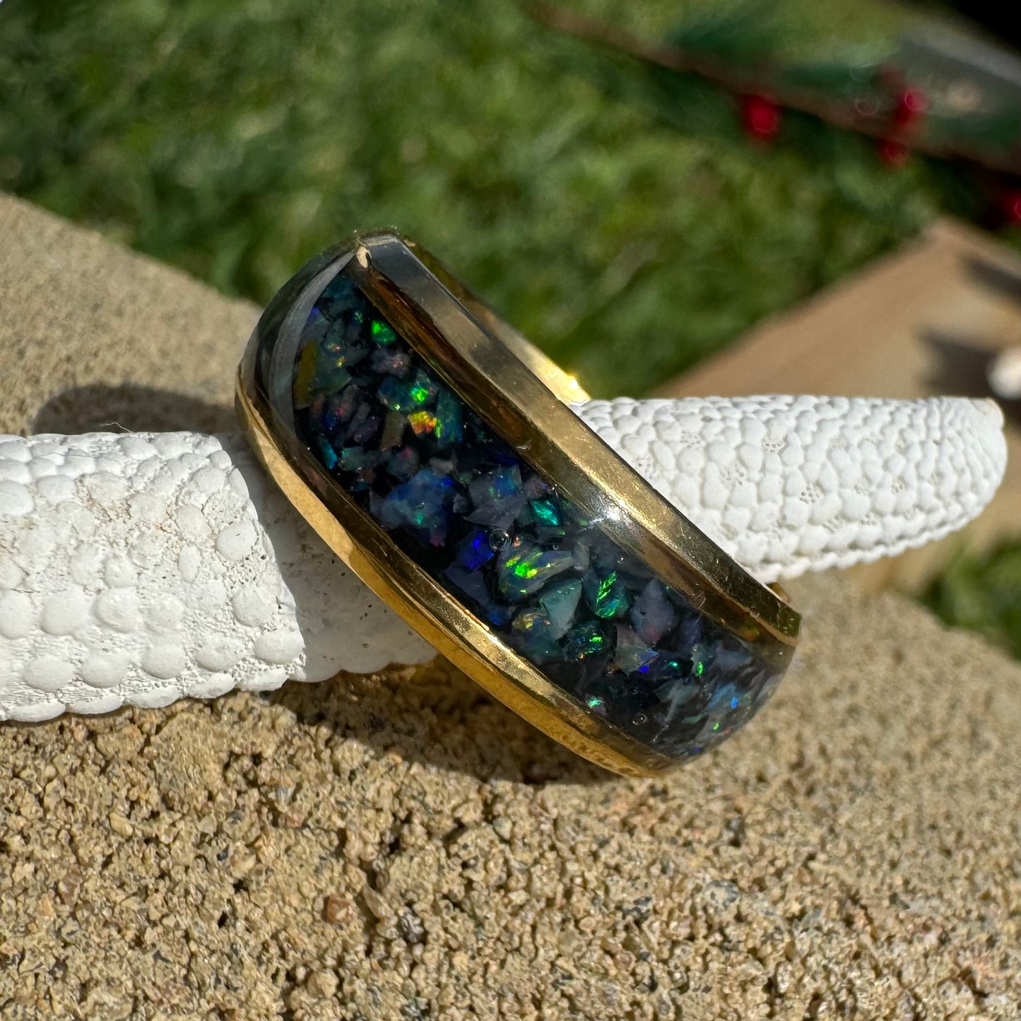 Handcrafted Australian Opal Ring Gold Surgical Steel Size N (7)