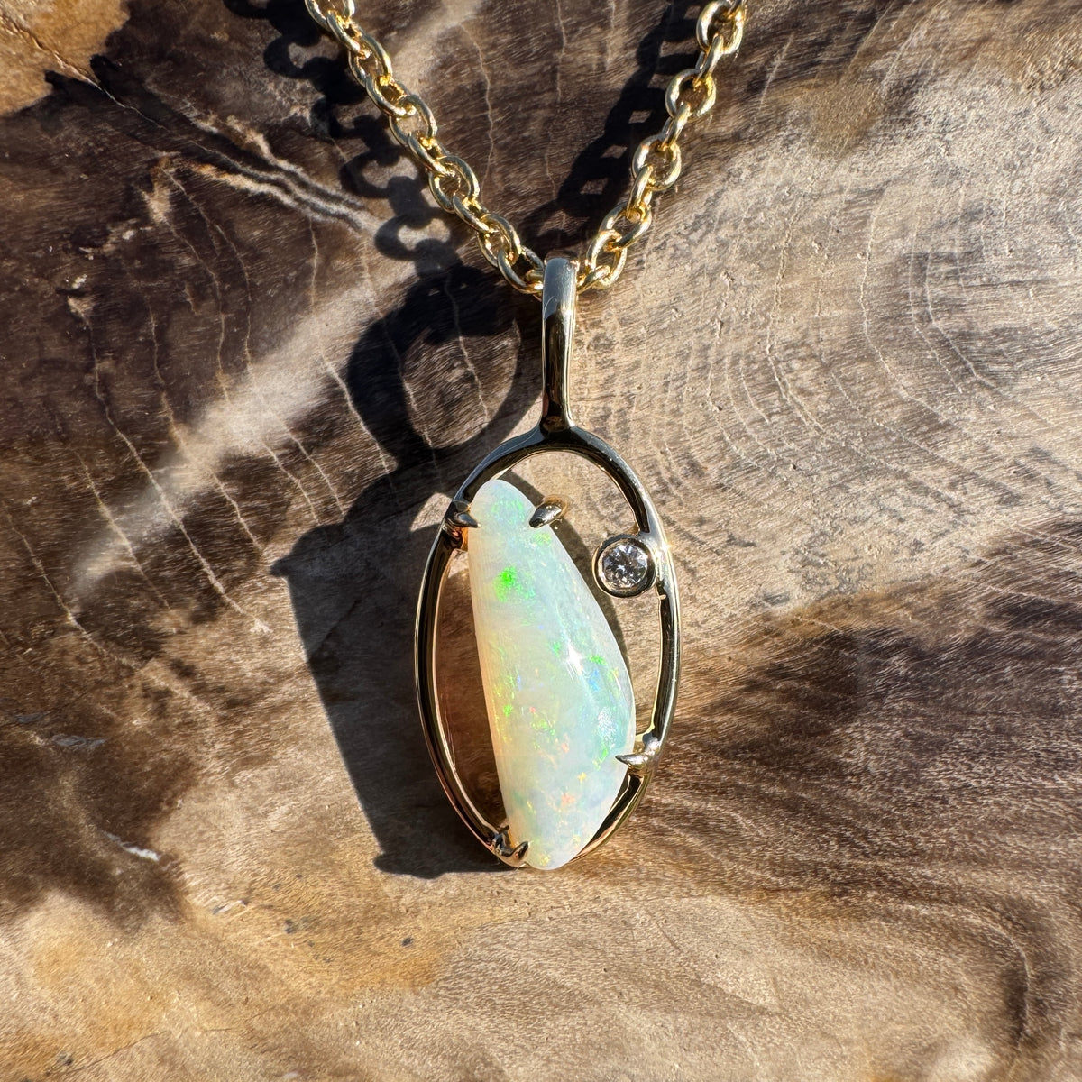 0.65ct Coober Pedy Opal & 0.01ct Diamond Pendant Necklace ~ 'Ubirr Sunset Gold' | 14ct Yellow Gold | Solid Australian Opal