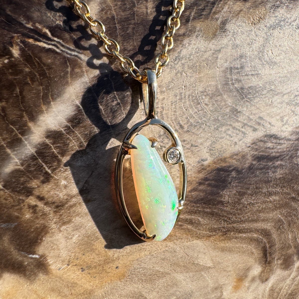 0.65ct Coober Pedy Opal & 0.01ct Diamond Pendant Necklace ~ 'Ubirr Sunset Gold' | 14ct Yellow Gold | Solid Australian Opal