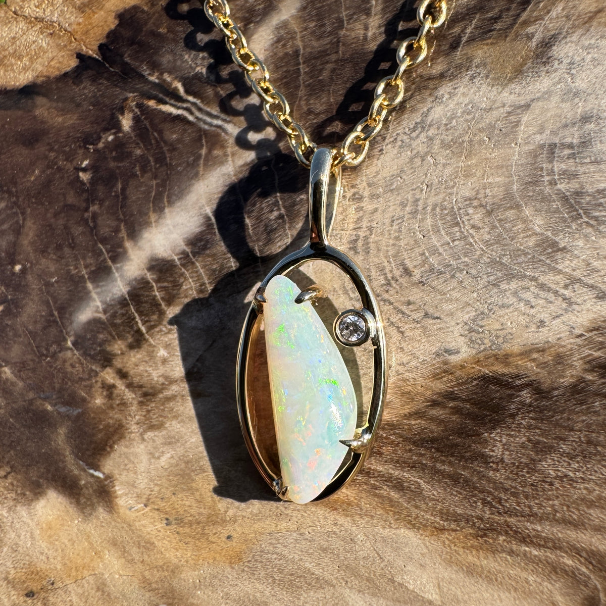 0.65ct Coober Pedy Opal & 0.01ct Diamond Pendant Necklace ~ 'Ubirr Sunset Gold' | 14ct Yellow Gold | Solid Australian Opal