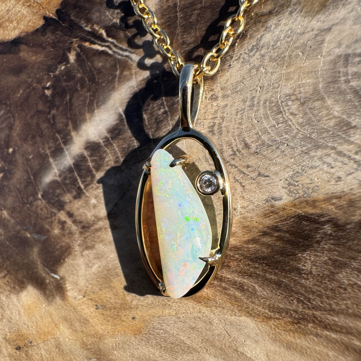 0.65ct Coober Pedy Opal & 0.01ct Diamond Pendant Necklace ~ 'Ubirr Sunset Gold' | 14ct Yellow Gold | Solid Australian Opal