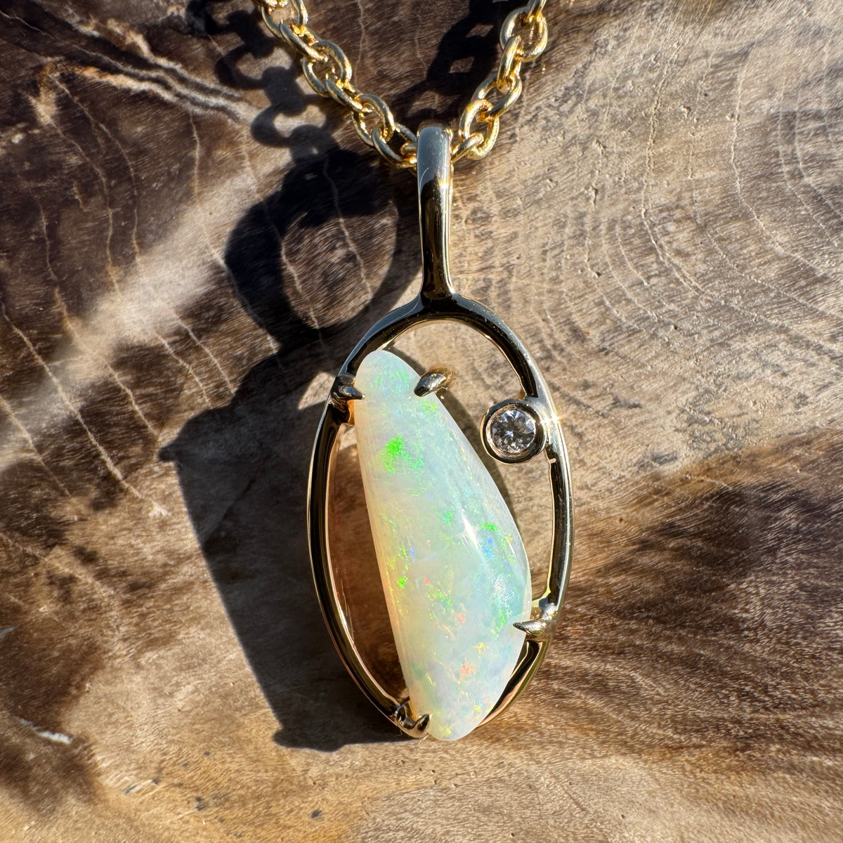 0.65ct Coober Pedy Opal & 0.01ct Diamond Pendant Necklace ~ 'Ubirr Sunset Gold' | 14ct Yellow Gold | Solid Australian Opal