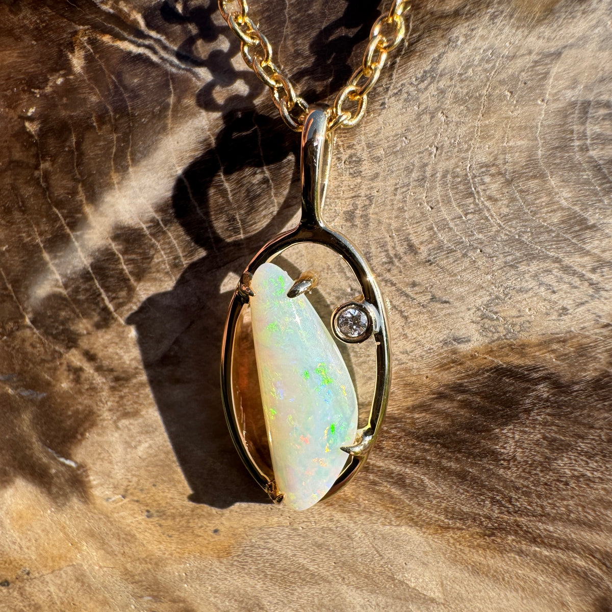 0.65ct Coober Pedy Opal & 0.01ct Diamond Pendant Necklace ~ 'Ubirr Sunset Gold' | 14ct Yellow Gold | Solid Australian Opal