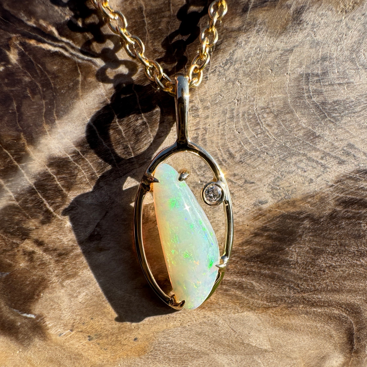 0.65ct Coober Pedy Opal & 0.01ct Diamond Pendant Necklace ~ 'Ubirr Sunset Gold' | 14ct Yellow Gold | Solid Australian Opal