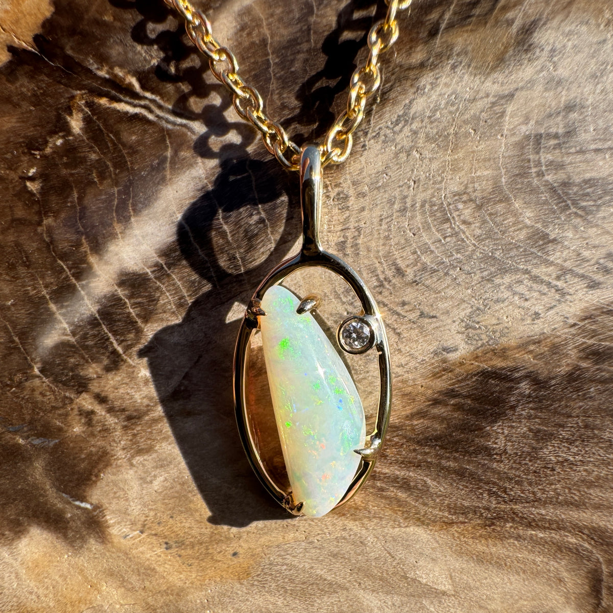 0.65ct Coober Pedy Opal & 0.01ct Diamond Pendant Necklace ~ 'Ubirr Sunset Gold' | 14ct Yellow Gold | Solid Australian Opal