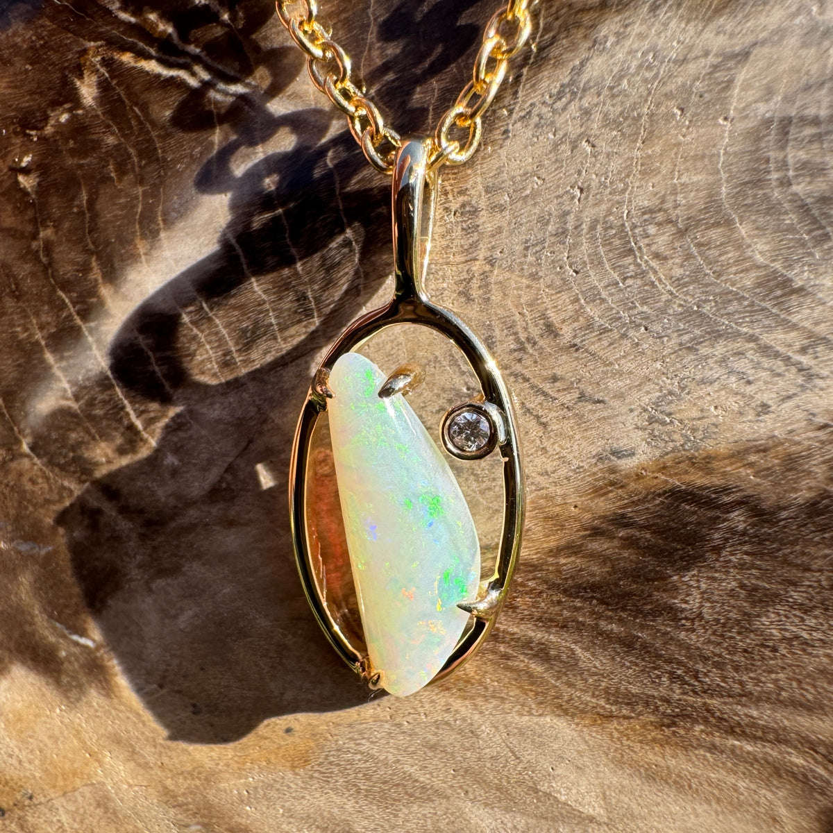 0.65ct Coober Pedy Opal & 0.01ct Diamond Pendant Necklace ~ 'Ubirr Sunset Gold' | 14ct Yellow Gold | Solid Australian Opal