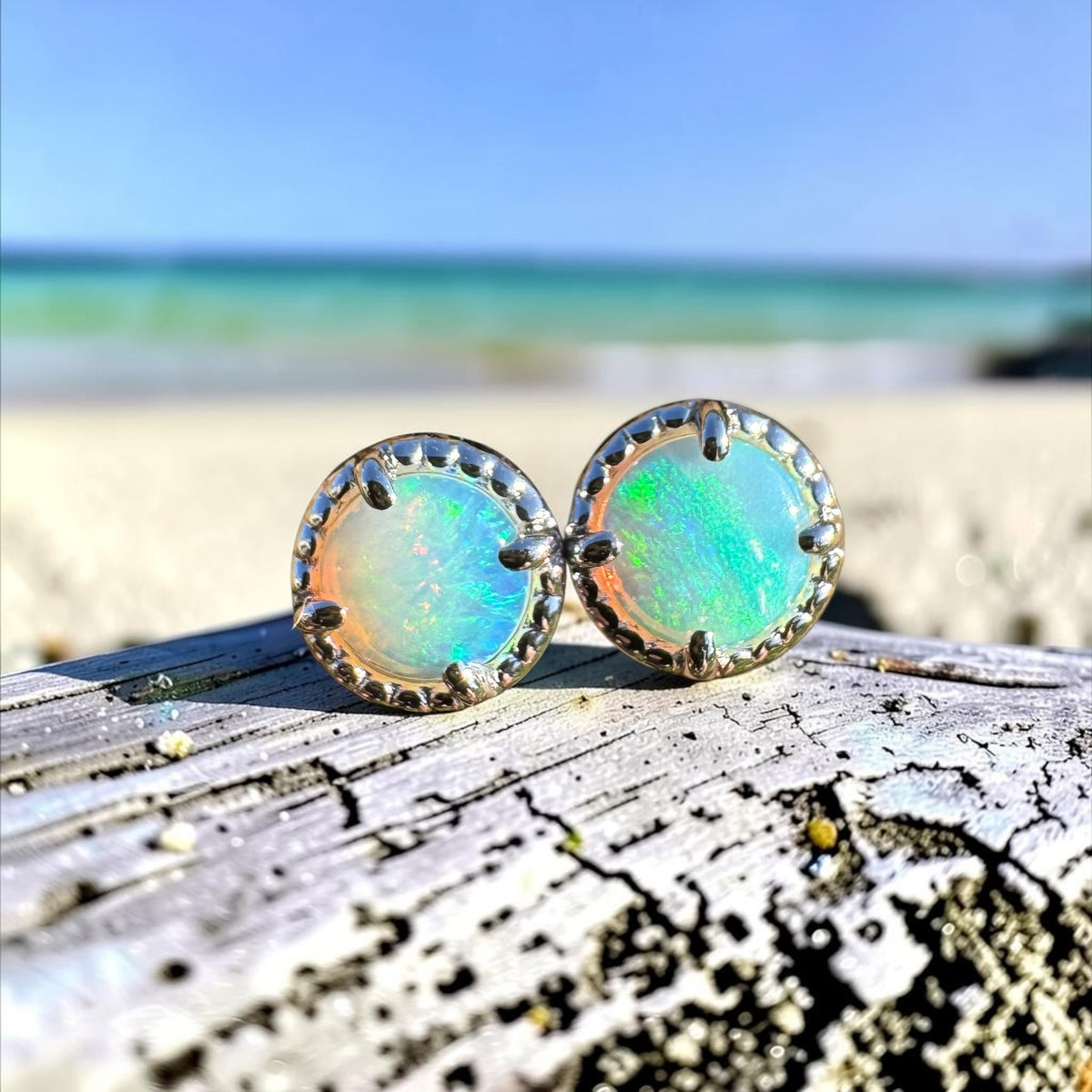 0.8ct Coober Pedy Crystal Opal Stud Earrings ~ 'Cosy Corner Blues' | 925 Sterling Silver | Solid Australian Opal