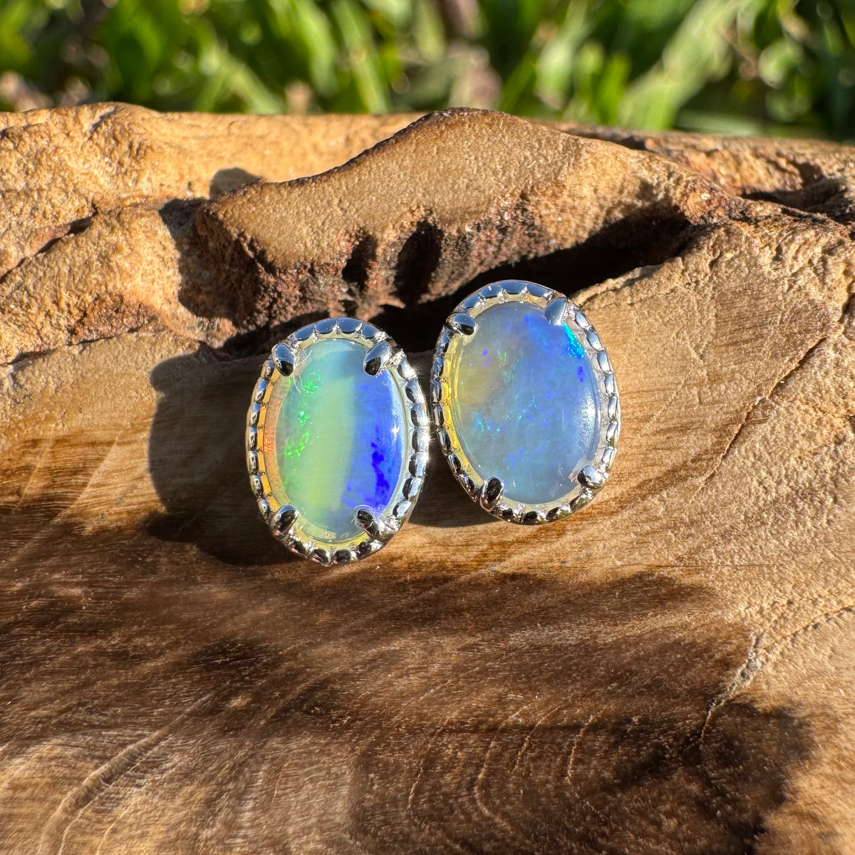 1ct Coober Pedy Crystal Opal Stud Earrings ~ 'Honeymoon Bay Blues' | 925 Sterling Silver | Solid Australian Opal