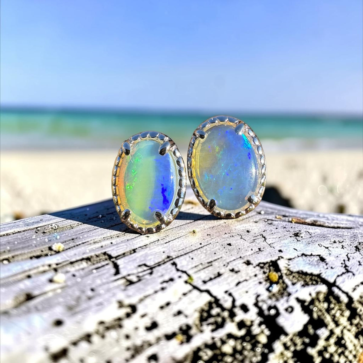 1ct Coober Pedy Crystal Opal Stud Earrings ~ 'Honeymoon Bay Blues' | 925 Sterling Silver | Solid Australian Opal
