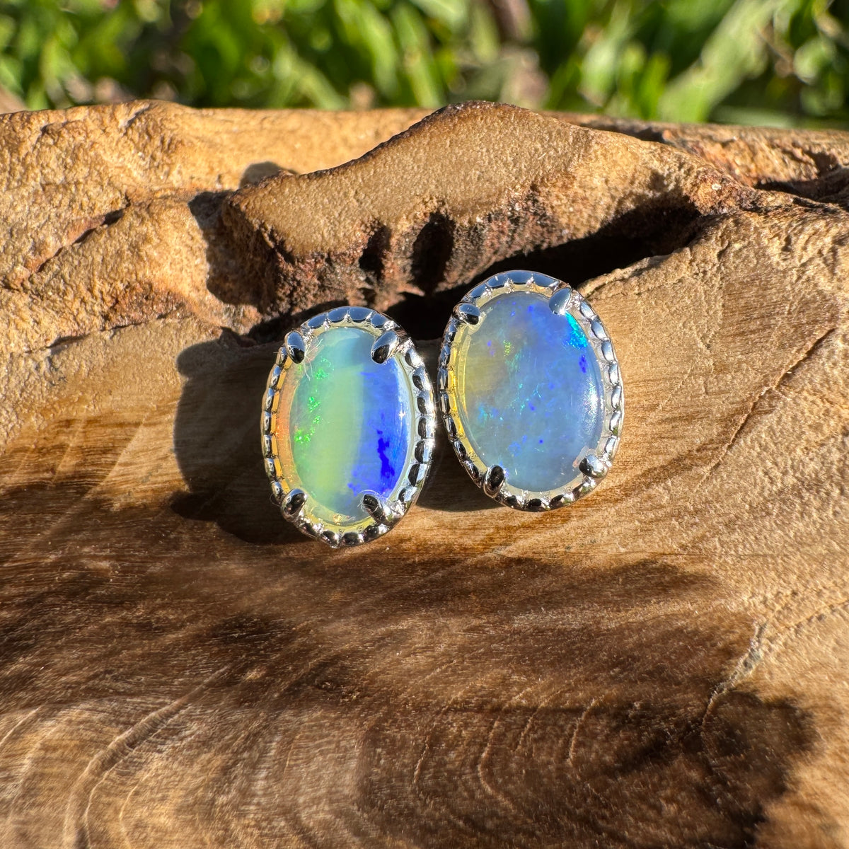 1ct Coober Pedy Crystal Opal Stud Earrings ~ 'Honeymoon Bay Blues' | 925 Sterling Silver | Solid Australian Opal