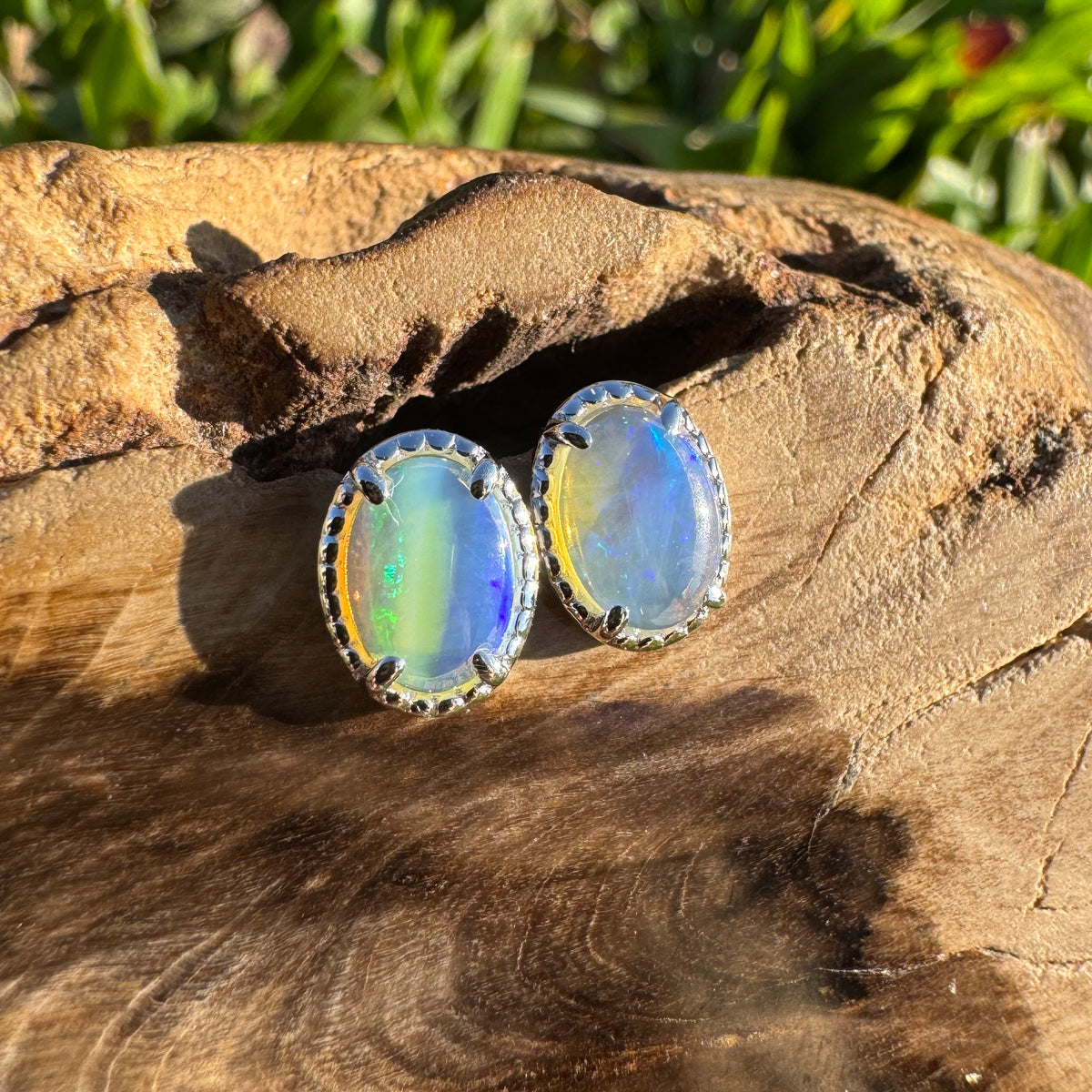 1ct Coober Pedy Crystal Opal Stud Earrings ~ 'Honeymoon Bay Blues' | 925 Sterling Silver | Solid Australian Opal