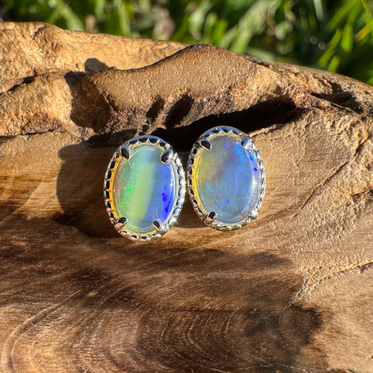 1ct Coober Pedy Crystal Opal Stud Earrings ~ 'Honeymoon Bay Blues' | 925 Sterling Silver | Solid Australian Opal