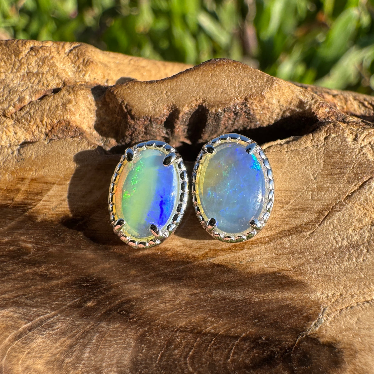 1ct Coober Pedy Crystal Opal Stud Earrings ~ 'Honeymoon Bay Blues' | 925 Sterling Silver | Solid Australian Opal