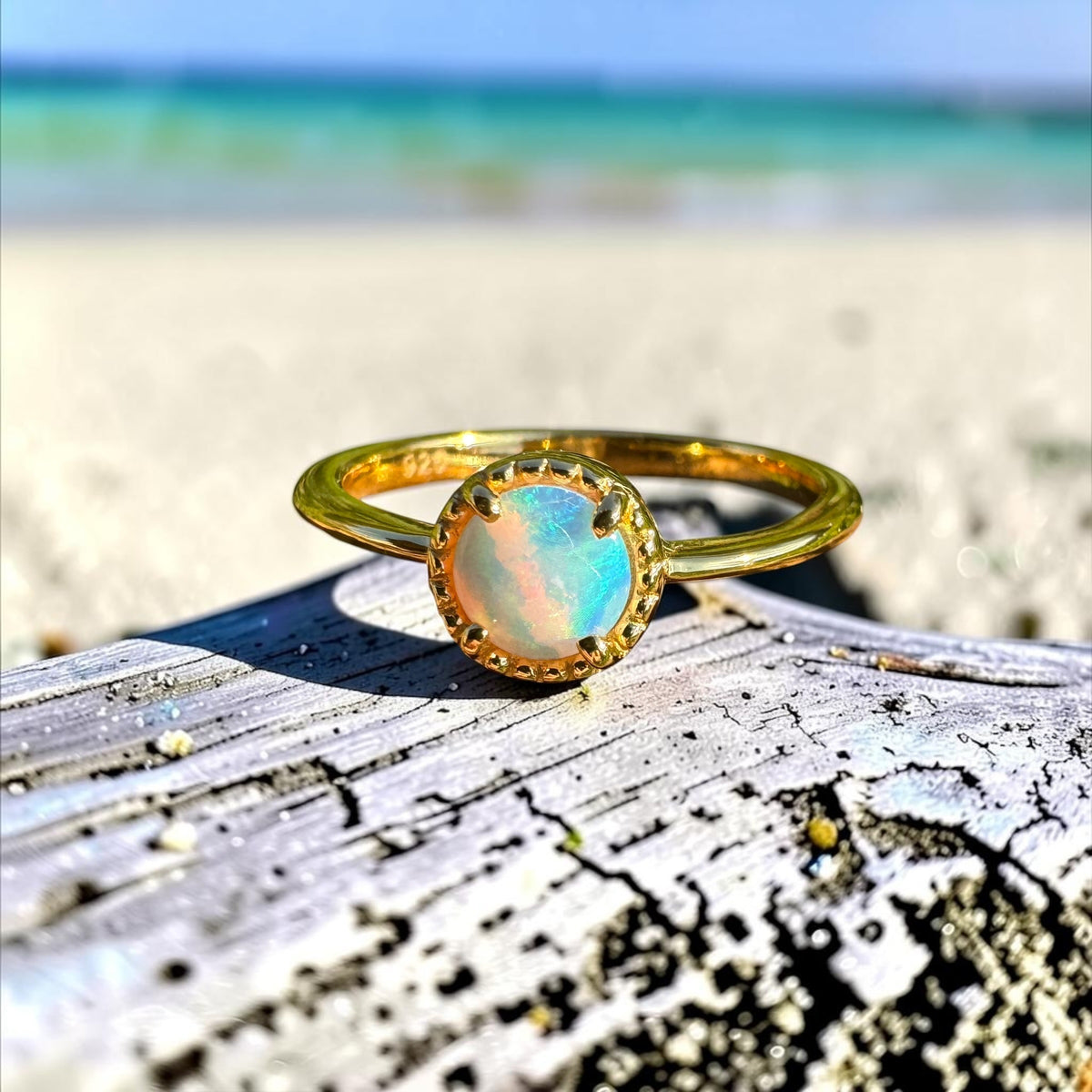 0.4ct Coober Pedy Crystal Opal Ring ~ 'Longreach Ember' | Yellow Gold Coated 925 Sterling Silver | Solid Australian Opal