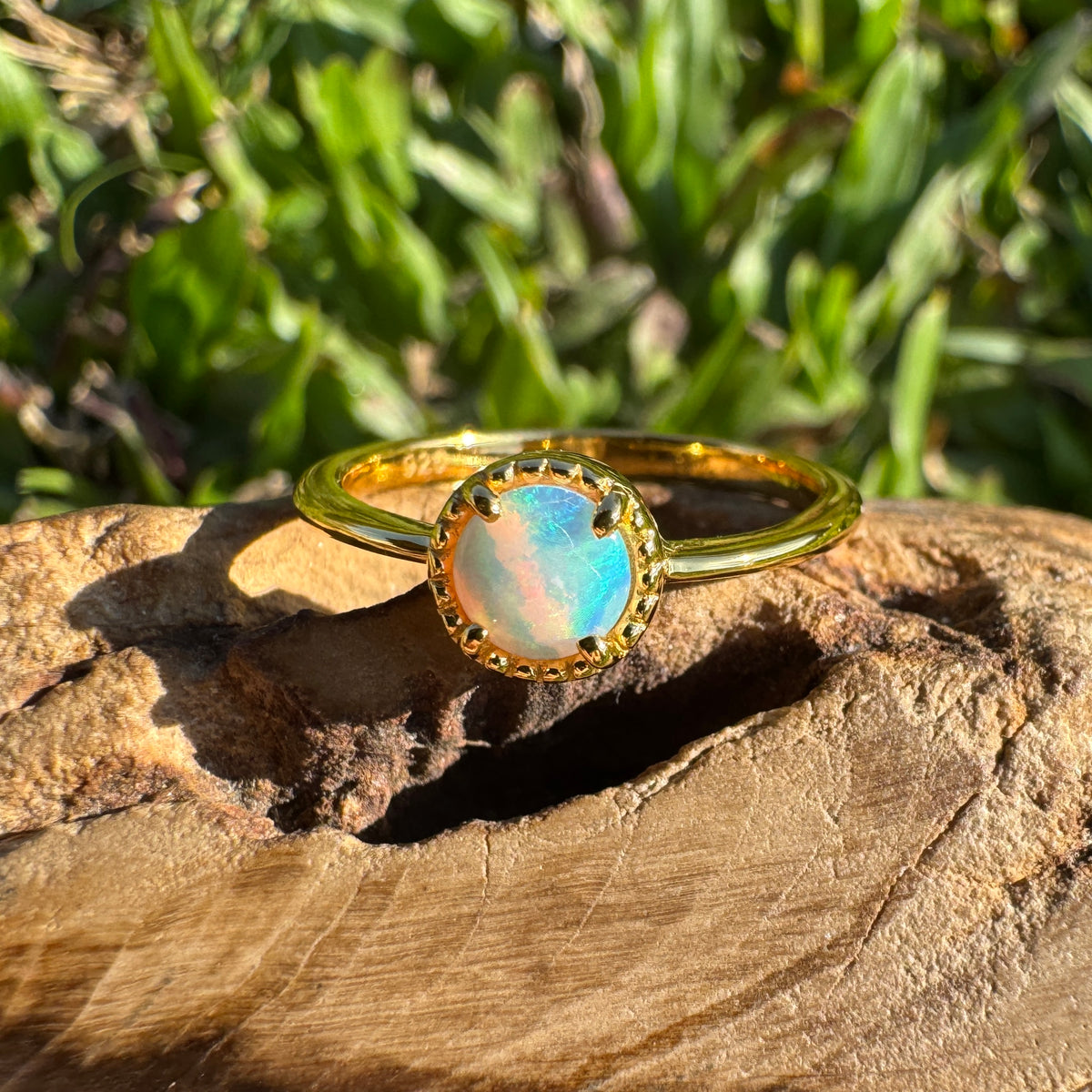 0.4ct Coober Pedy Crystal Opal Ring ~ 'Longreach Ember' | Yellow Gold Coated 925 Sterling Silver | Solid Australian Opal