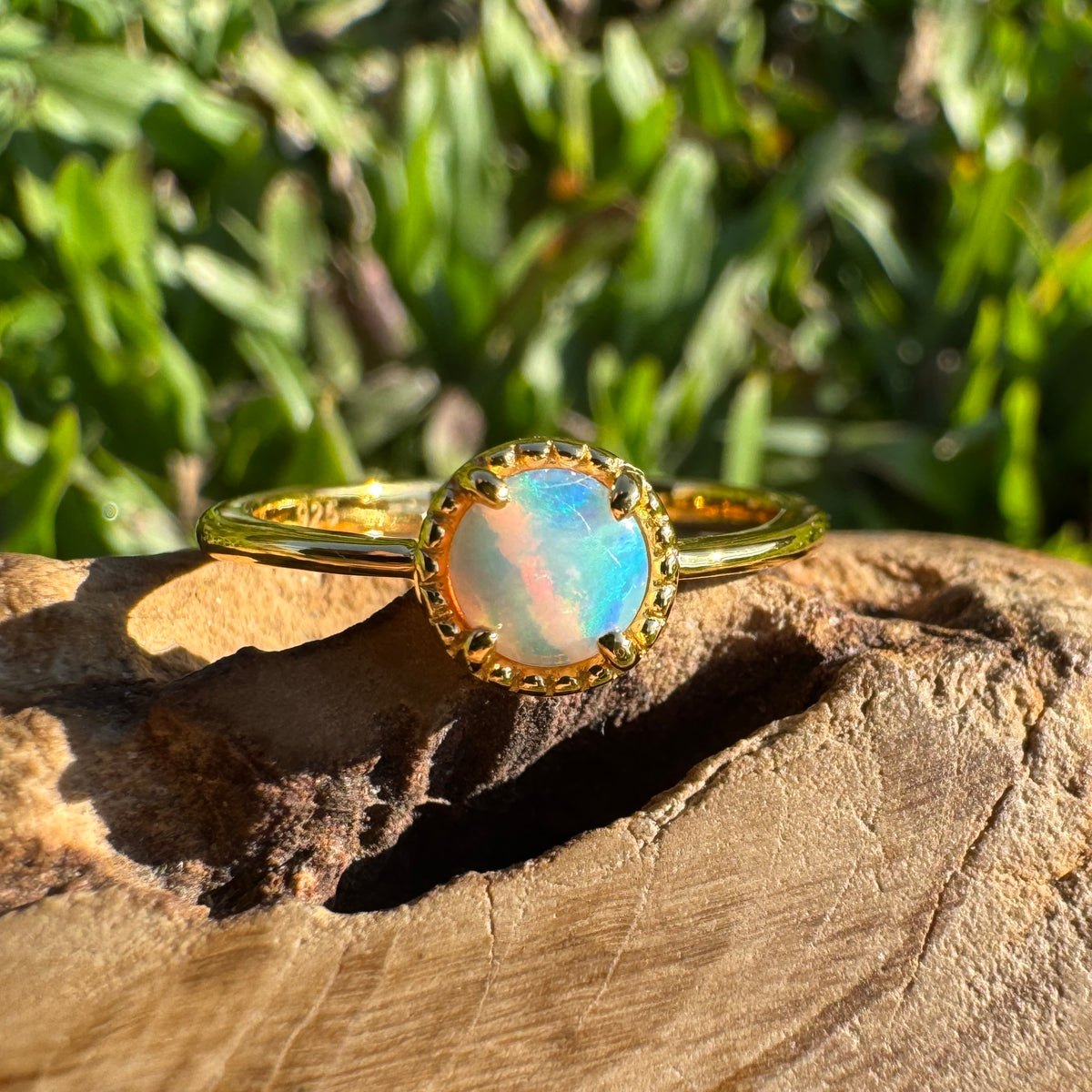 0.4ct Coober Pedy Crystal Opal Ring ~ 'Longreach Ember' | Yellow Gold Coated 925 Sterling Silver | Solid Australian Opal