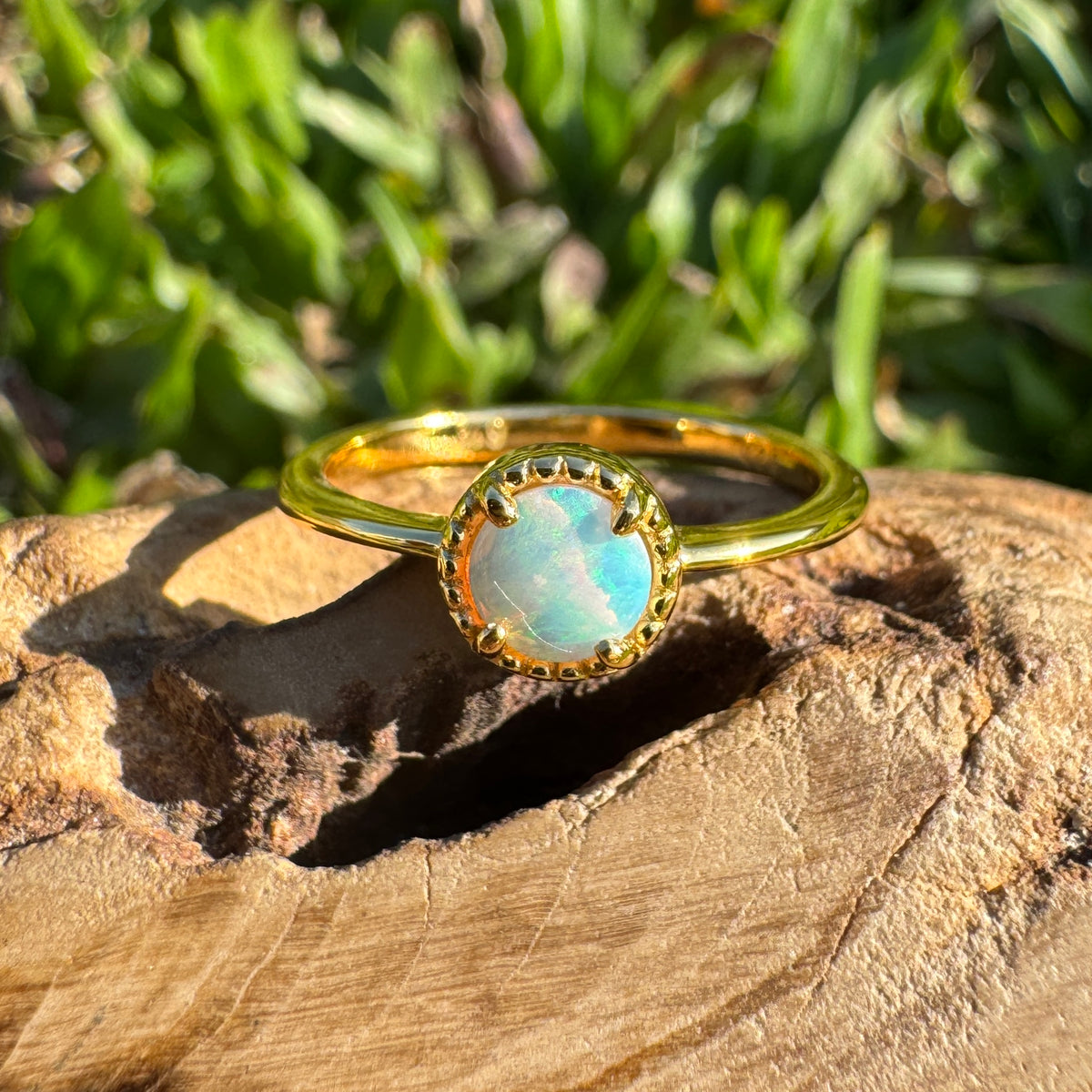 0.4ct Coober Pedy Crystal Opal Ring ~ 'Longreach Ember' | Yellow Gold Coated 925 Sterling Silver | Solid Australian Opal