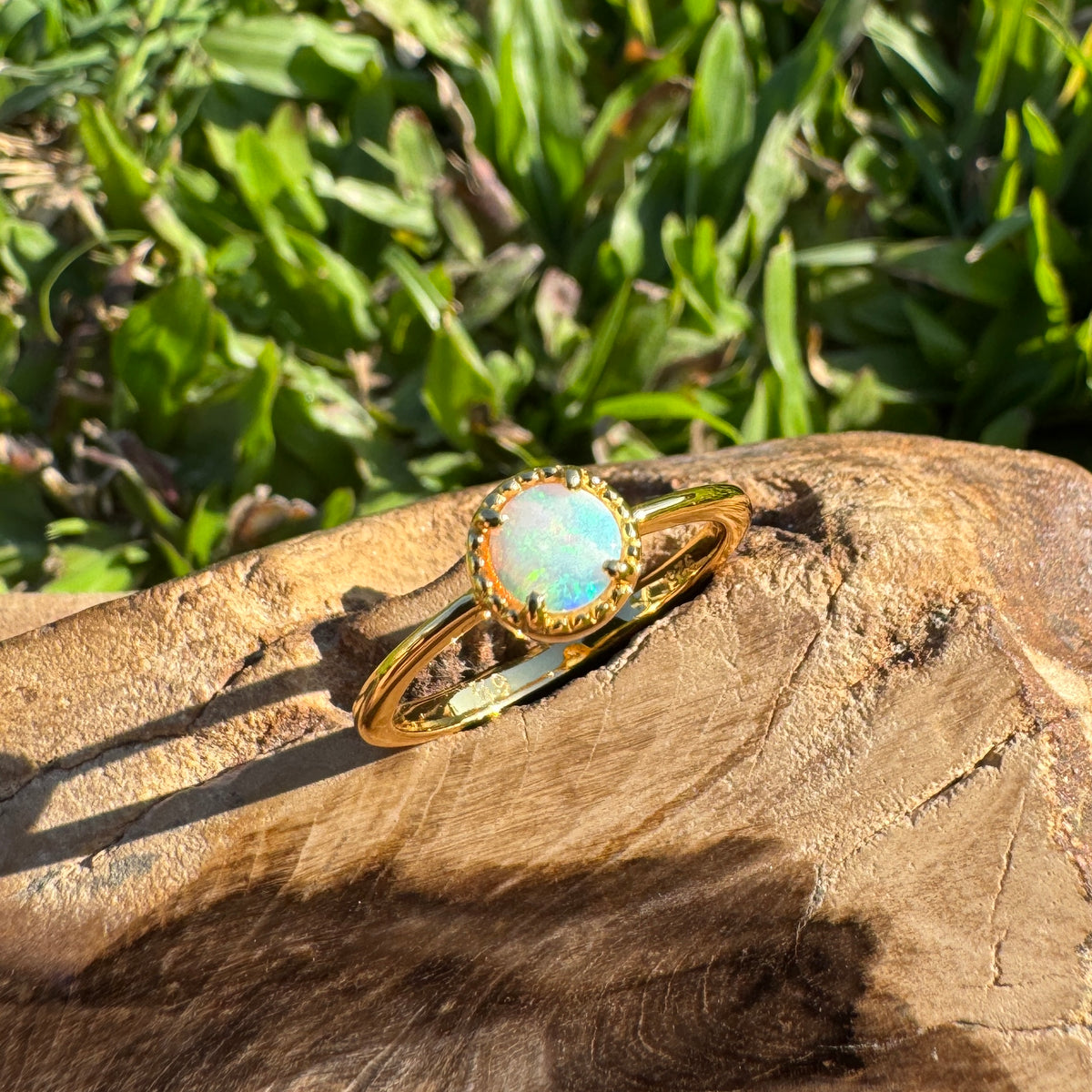 0.4ct Coober Pedy Crystal Opal Ring ~ 'Longreach Ember' | Yellow Gold Coated 925 Sterling Silver | Solid Australian Opal