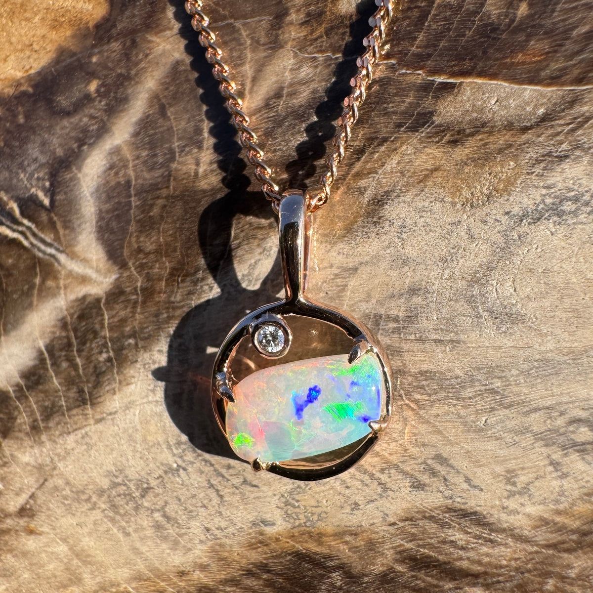 0.5ct Coober Pedy Crystal Opal & 0.01ct Diamond Pendant Necklace ~ 'Pink Lake Sunrise' | 14ct Rose Gold | Solid Australian Opal