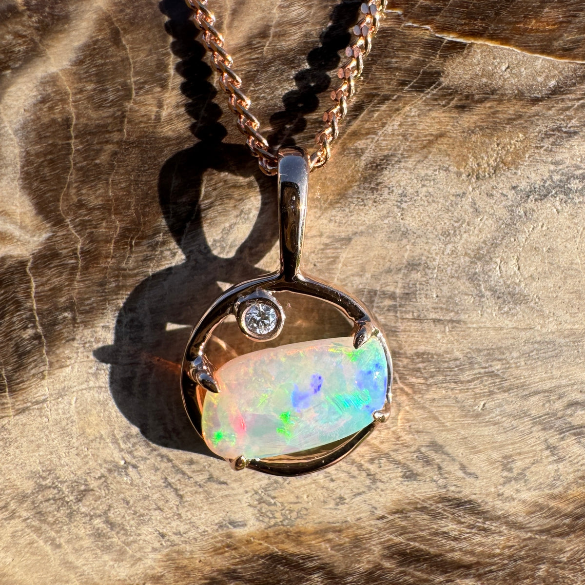 0.5ct Coober Pedy Crystal Opal & 0.01ct Diamond Pendant Necklace ~ 'Pink Lake Sunrise' | 14ct Rose Gold | Solid Australian Opal