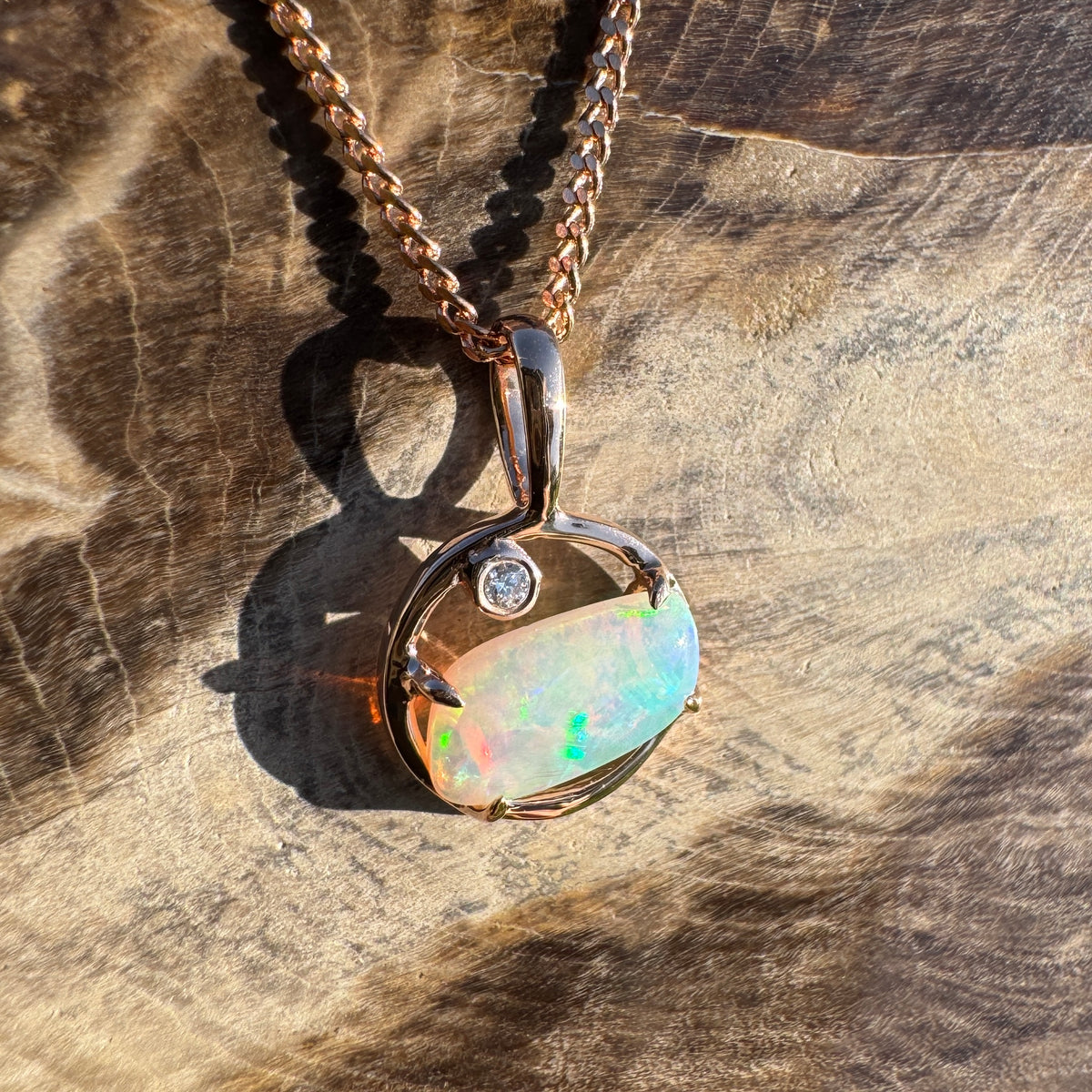 0.5ct Coober Pedy Crystal Opal & 0.01ct Diamond Pendant Necklace ~ 'Pink Lake Sunrise' | 14ct Rose Gold | Solid Australian Opal