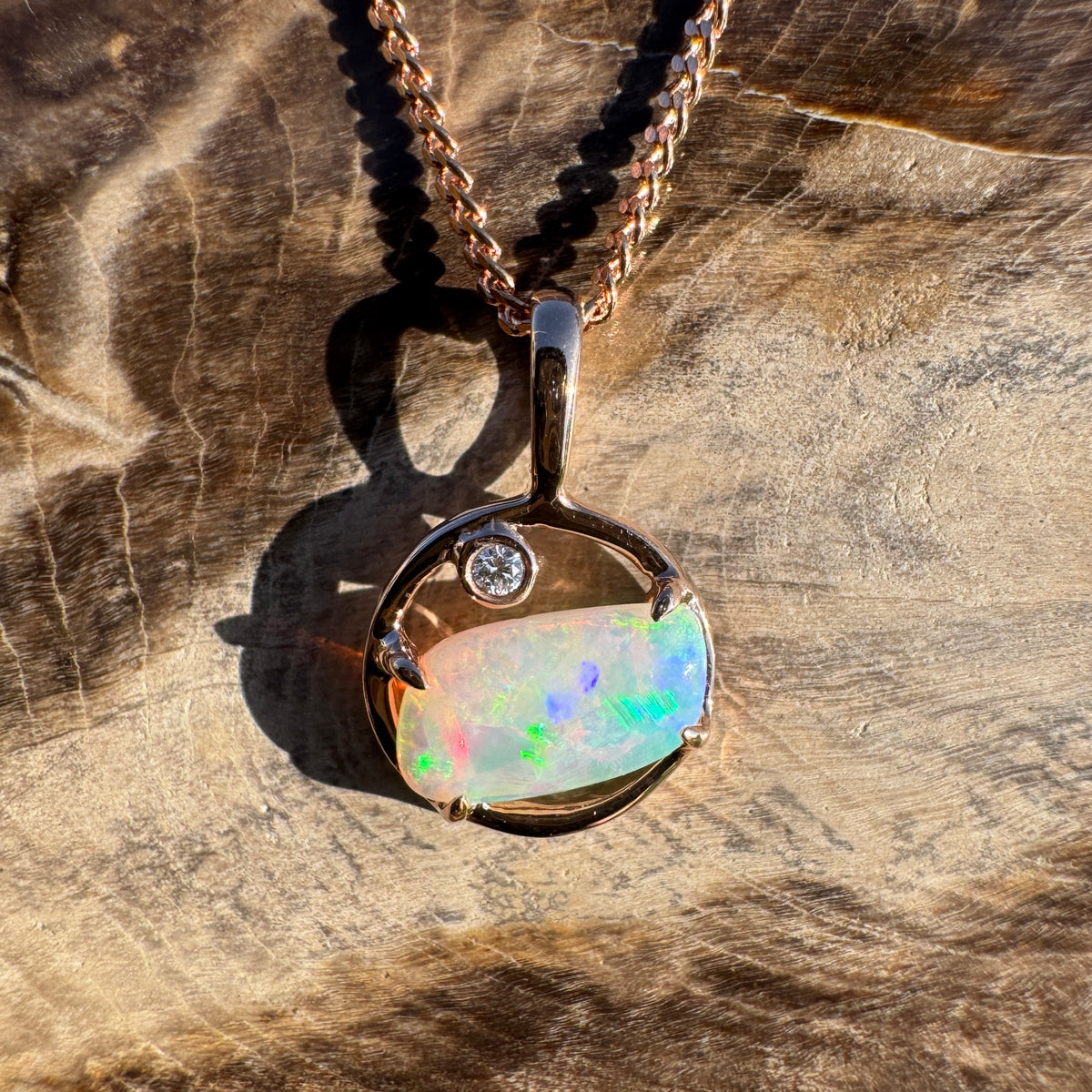 0.5ct Coober Pedy Crystal Opal & 0.01ct Diamond Pendant Necklace ~ 'Pink Lake Sunrise' | 14ct Rose Gold | Solid Australian Opal