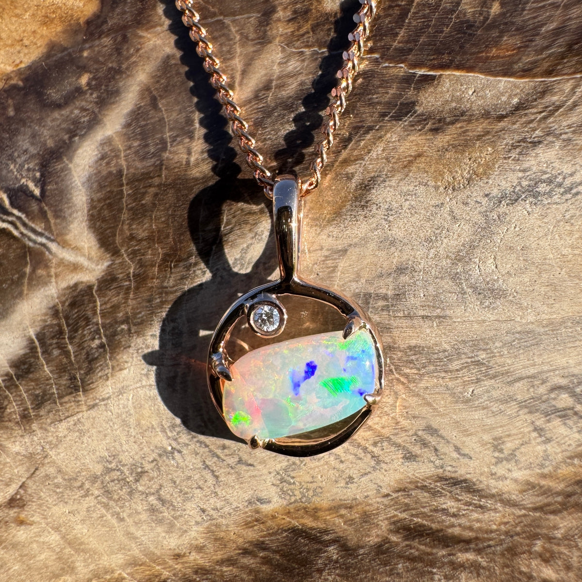 0.5ct Coober Pedy Crystal Opal & 0.01ct Diamond Pendant Necklace ~ 'Pink Lake Sunrise' | 14ct Rose Gold | Solid Australian Opal