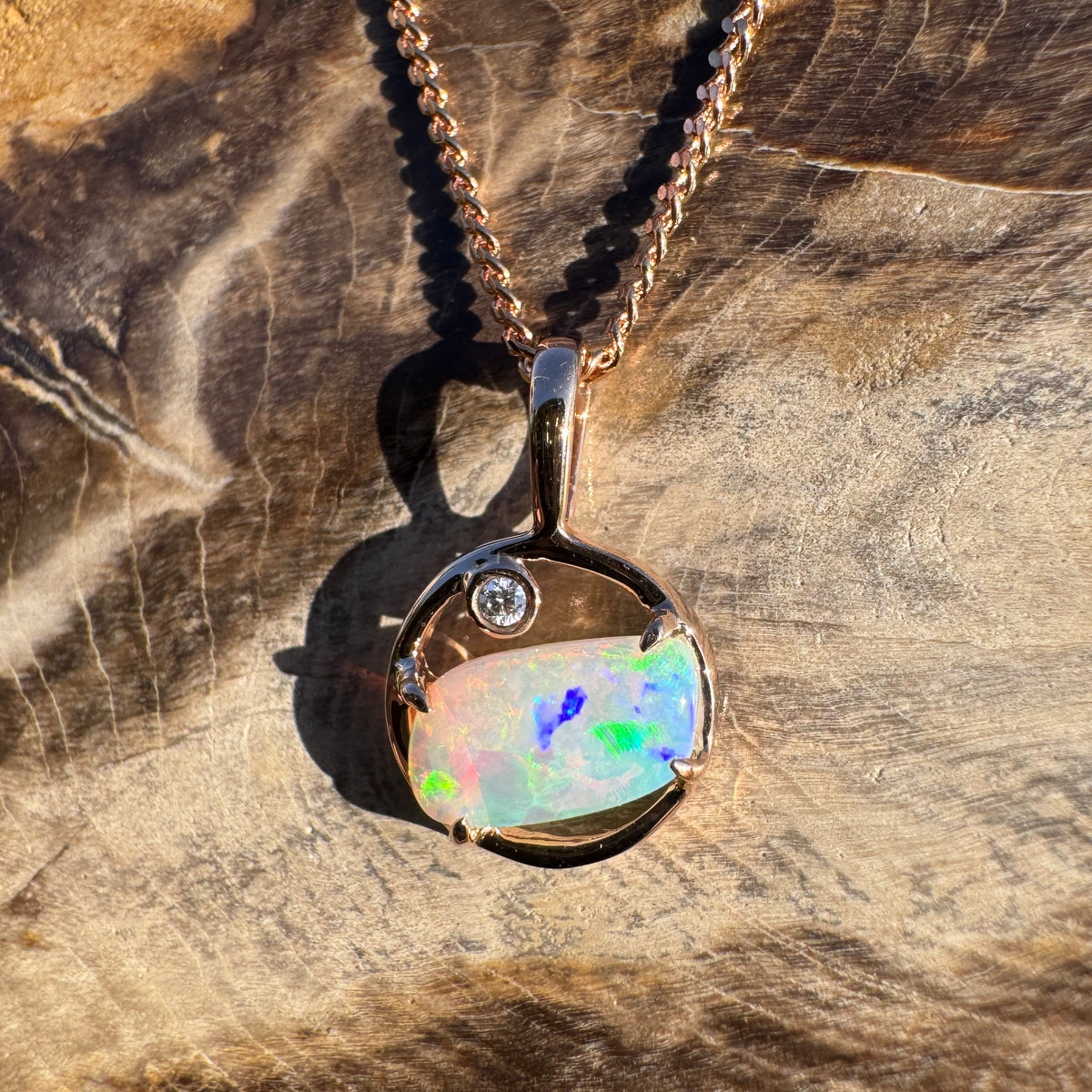 0.5ct Coober Pedy Crystal Opal & 0.01ct Diamond Pendant Necklace ~ 'Pink Lake Sunrise' | 14ct Rose Gold | Solid Australian Opal