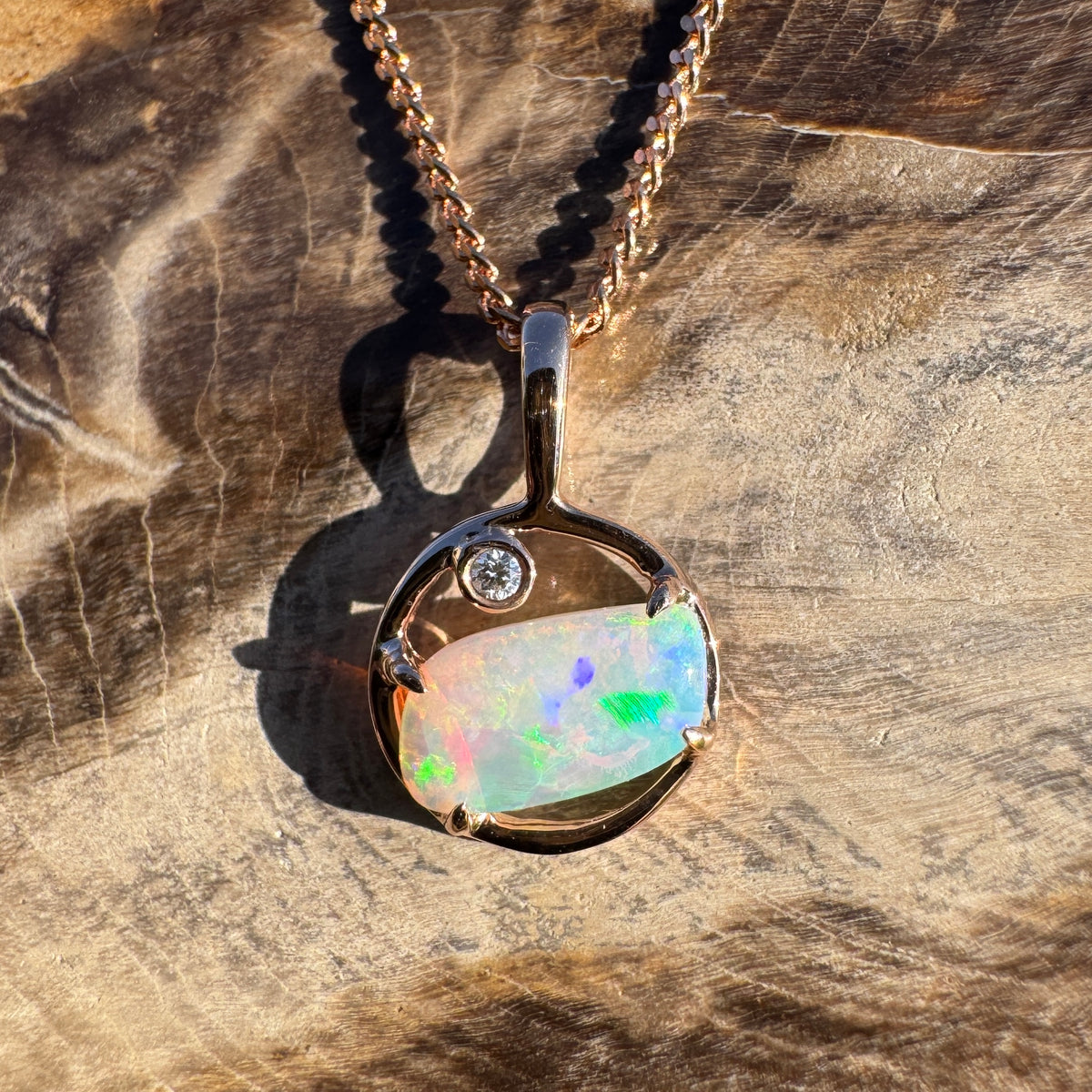 0.5ct Coober Pedy Crystal Opal & 0.01ct Diamond Pendant Necklace ~ 'Pink Lake Sunrise' | 14ct Rose Gold | Solid Australian Opal
