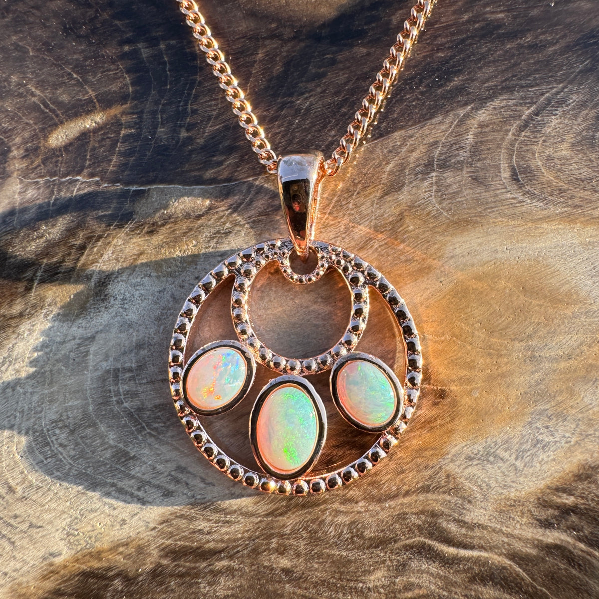 0.7ct Lightning Ridge Opal Trio Pendant Necklace ~ 'Remarkable Rocks Trio' | Rose Gold Coated 925 Sterling Silver | Solid Australian Opal