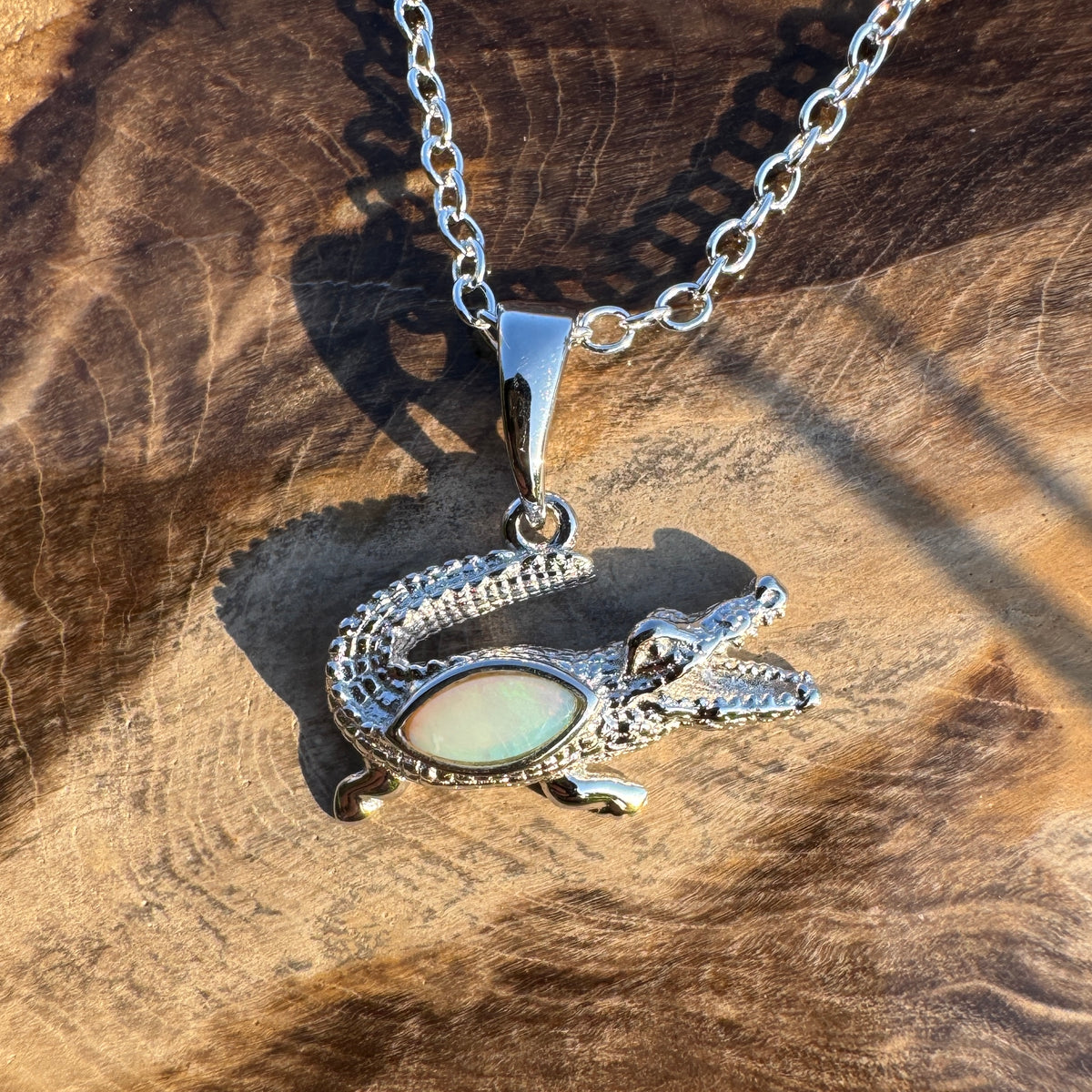 0.3ct Coober Pedy Opal Crocodile Pendant Necklace ~ 'Cahills Crossing Greens' | 925 Sterling Silver | Solid Australian Opal