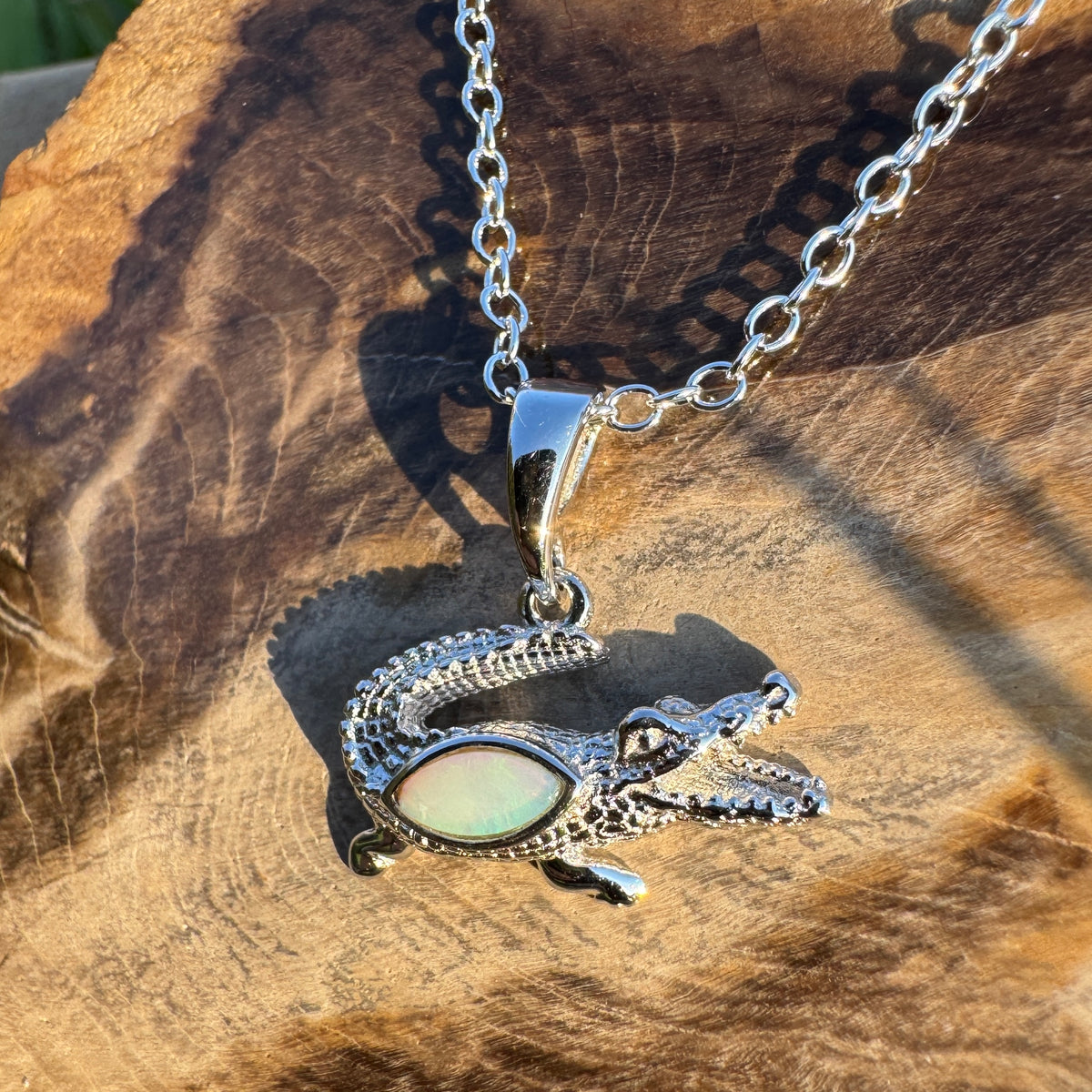 0.3ct Coober Pedy Opal Crocodile Pendant Necklace ~ 'Cahills Crossing Greens' | 925 Sterling Silver | Solid Australian Opal