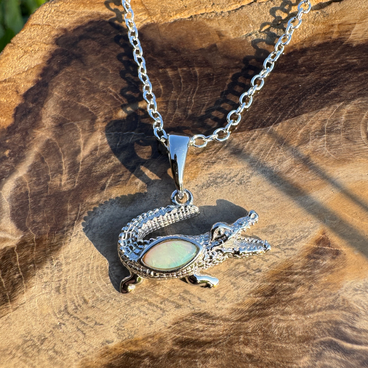 0.3ct Coober Pedy Opal Crocodile Pendant Necklace ~ 'Cahills Crossing Greens' | 925 Sterling Silver | Solid Australian Opal