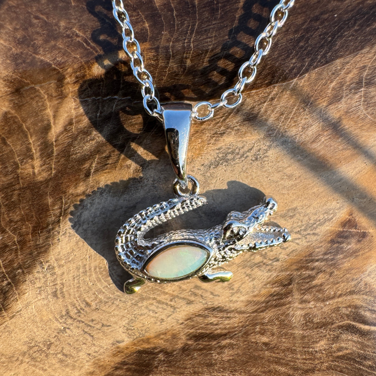 0.3ct Coober Pedy Opal Crocodile Pendant Necklace ~ 'Cahills Crossing Greens' | 925 Sterling Silver | Solid Australian Opal