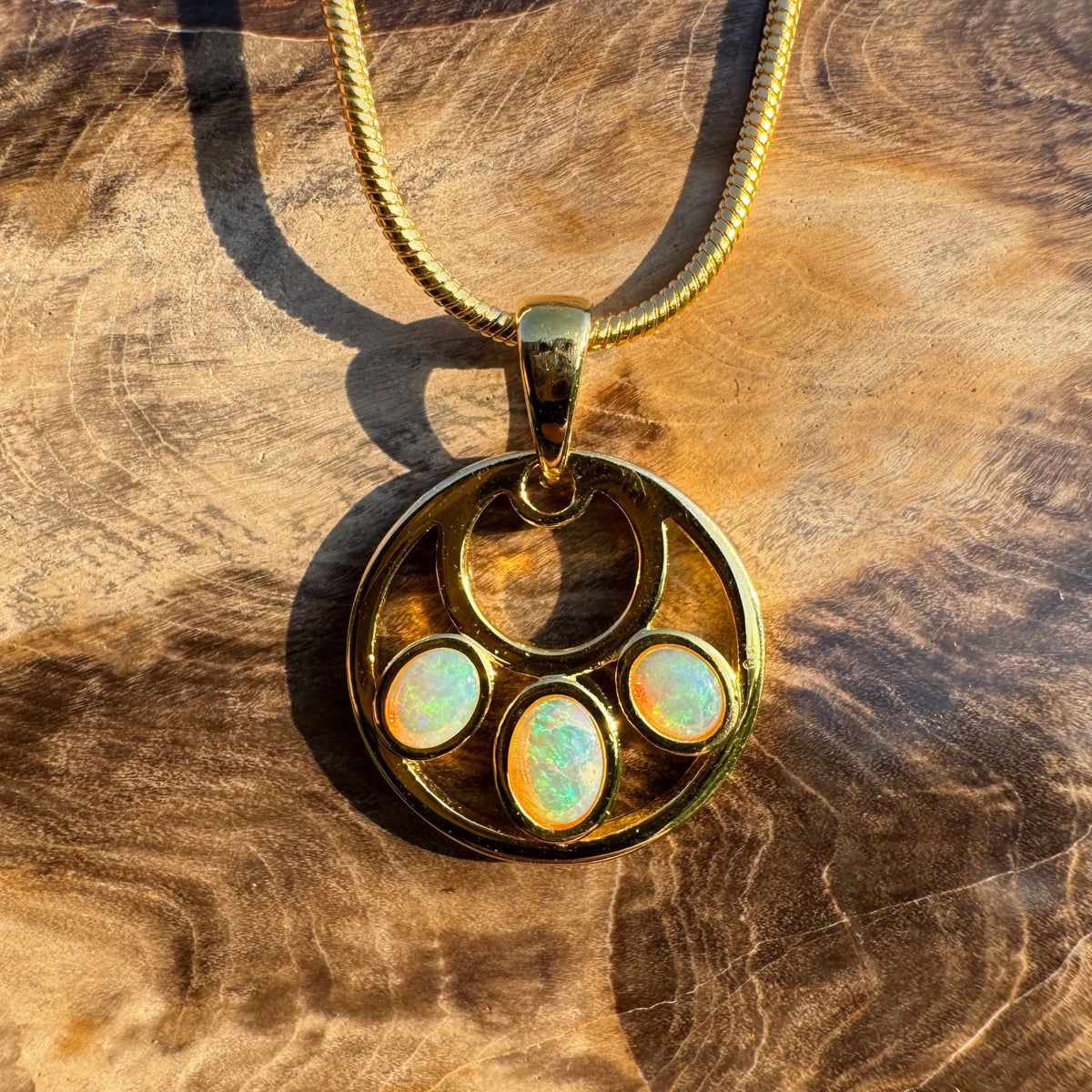 0.7ct Lightning Ridge Crystal Opal Trio Pendant Necklace ~ 'Three Sisters Trio' | Yellow Gold Coated 925 Sterling Silver | Solid Australian Opal