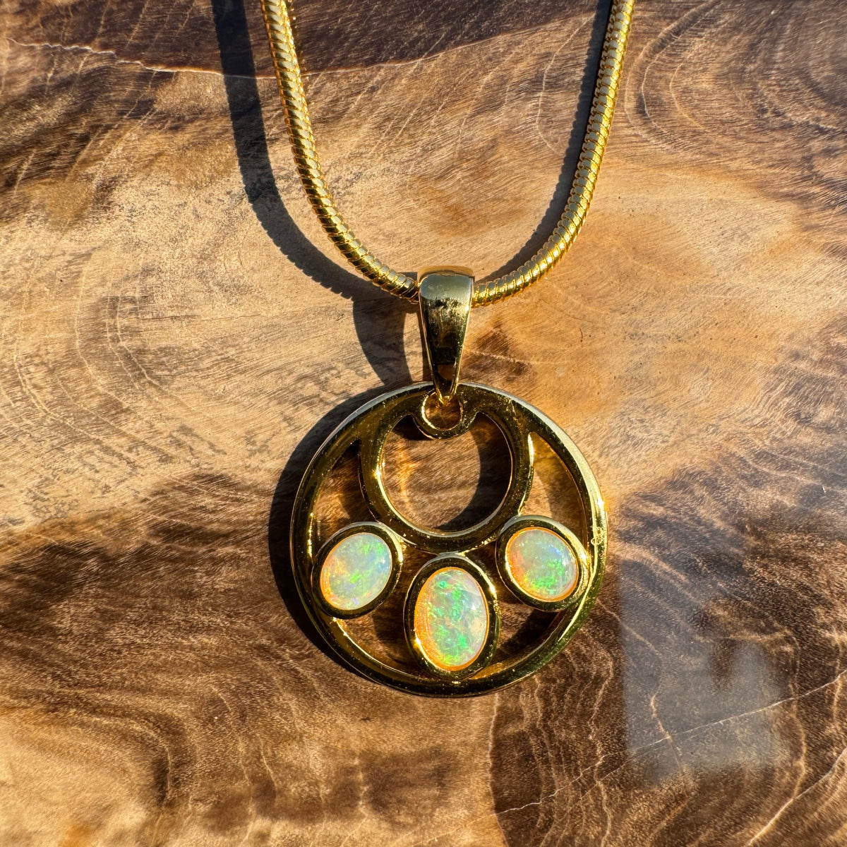0.7ct Lightning Ridge Crystal Opal Trio Pendant Necklace ~ 'Three Sisters Trio' | Yellow Gold Coated 925 Sterling Silver | Solid Australian Opal