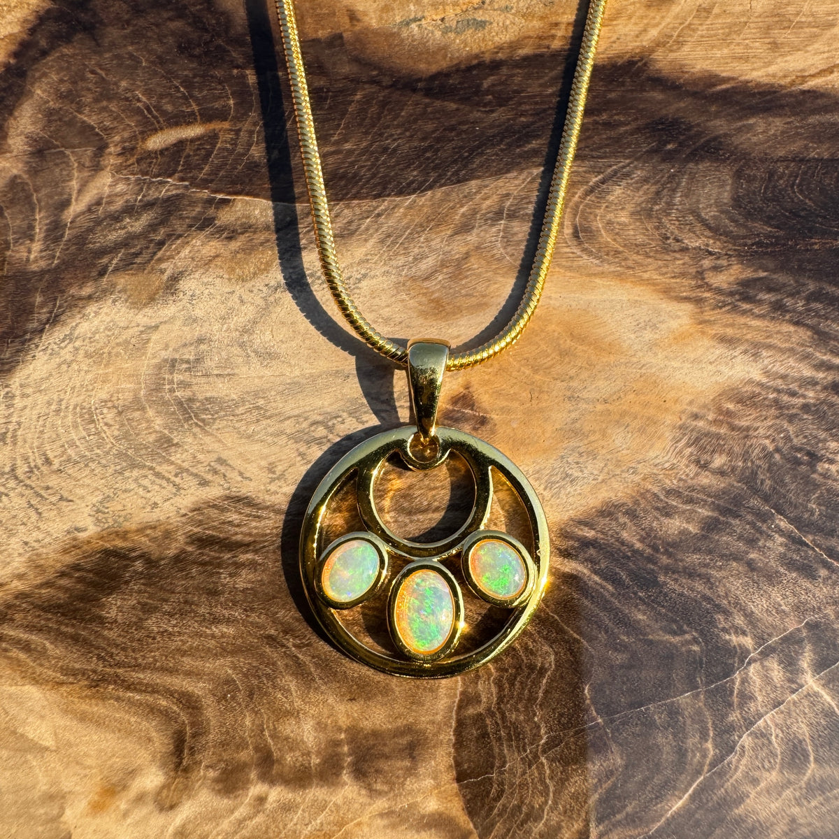 0.7ct Lightning Ridge Crystal Opal Trio Pendant Necklace ~ 'Three Sisters Trio' | Yellow Gold Coated 925 Sterling Silver | Solid Australian Opal