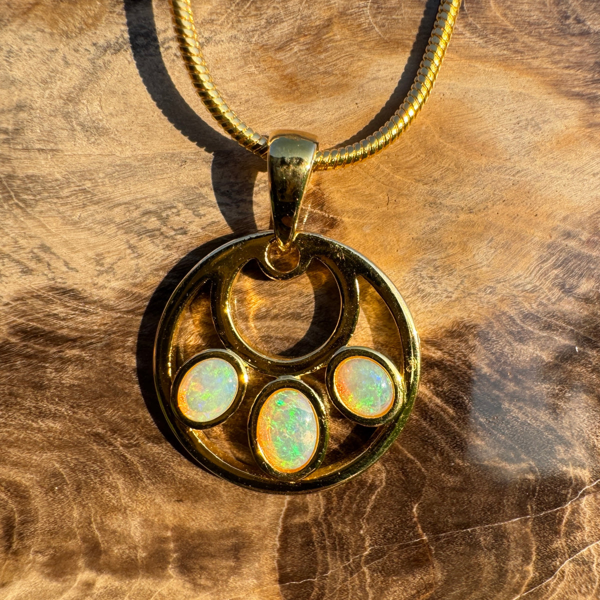 0.7ct Lightning Ridge Crystal Opal Trio Pendant Necklace ~ 'Three Sisters Trio' | Yellow Gold Coated 925 Sterling Silver | Solid Australian Opal