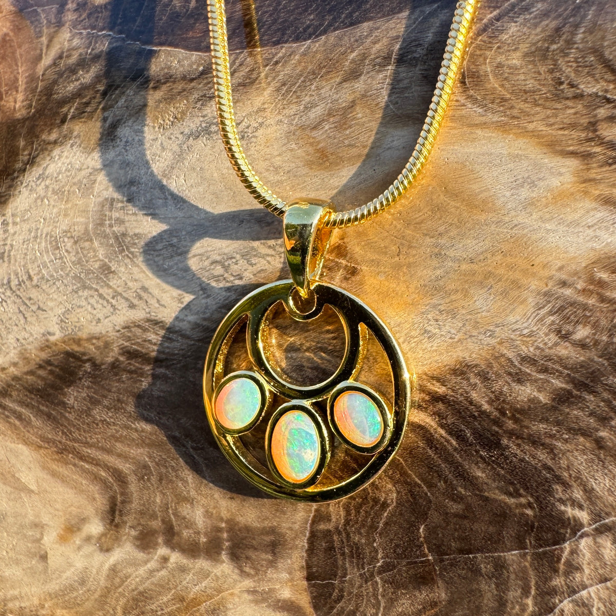 0.7ct Lightning Ridge Crystal Opal Trio Pendant Necklace ~ 'Three Sisters Trio' | Yellow Gold Coated 925 Sterling Silver | Solid Australian Opal