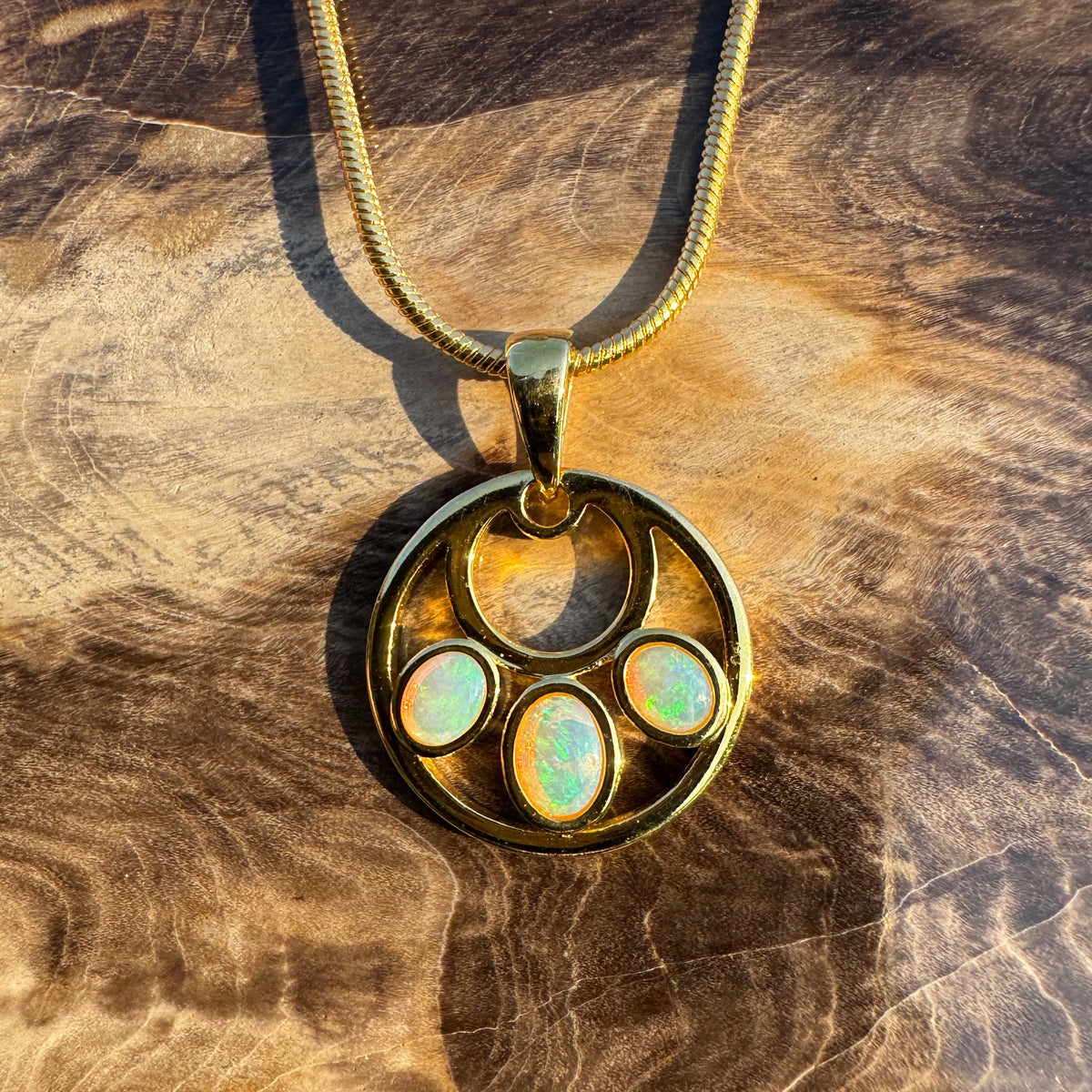 0.7ct Lightning Ridge Crystal Opal Trio Pendant Necklace ~ 'Three Sisters Trio' | Yellow Gold Coated 925 Sterling Silver | Solid Australian Opal