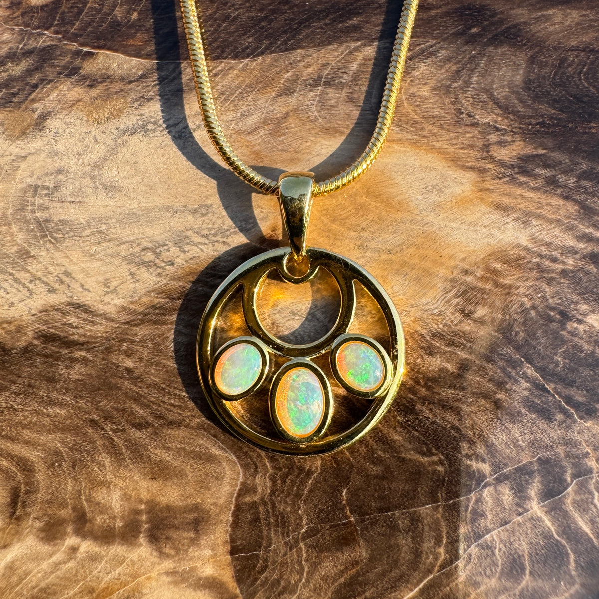 0.7ct Lightning Ridge Crystal Opal Trio Pendant Necklace ~ 'Three Sisters Trio' | Yellow Gold Coated 925 Sterling Silver | Solid Australian Opal