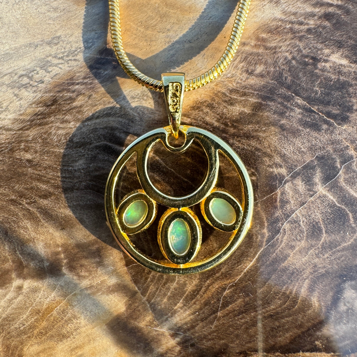 0.7ct Lightning Ridge Crystal Opal Trio Pendant Necklace ~ 'Three Sisters Trio' | Yellow Gold Coated 925 Sterling Silver | Solid Australian Opal